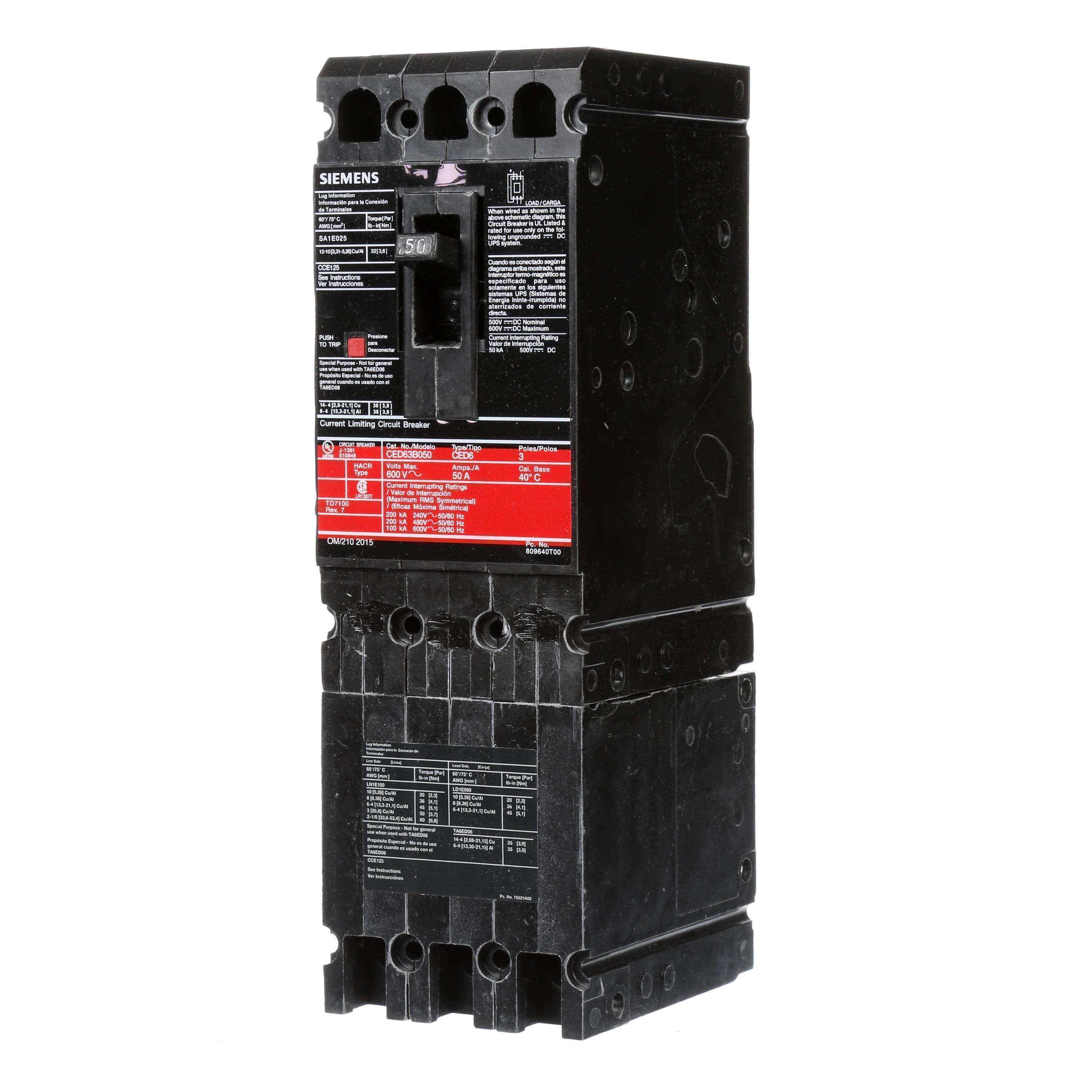 Siemens CED63B050 SentronTM CED63B050 Type CED6 Current Limiting Fuseless Low Voltage Molded Case Circuit Breaker, 600 V AC/500 V DC, 50 A, 100 kA Interrupt, 3 Poles, Thermal Magnetic Trip