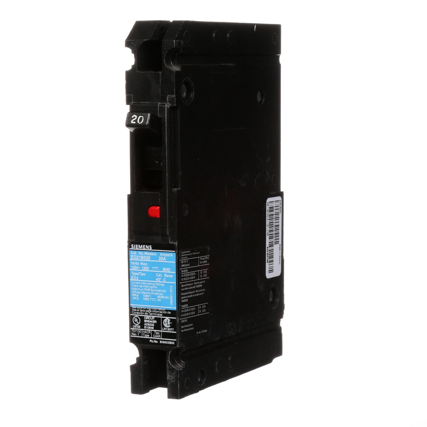 Siemens ED21B020 SentronTM ED21B020 Type ED2 Low Voltage Molded Case Circuit Breaker, 120 V AC/125 V DC, 20 A, 10 kA Interrupt, 1 Poles, Thermal Magnetic Trip