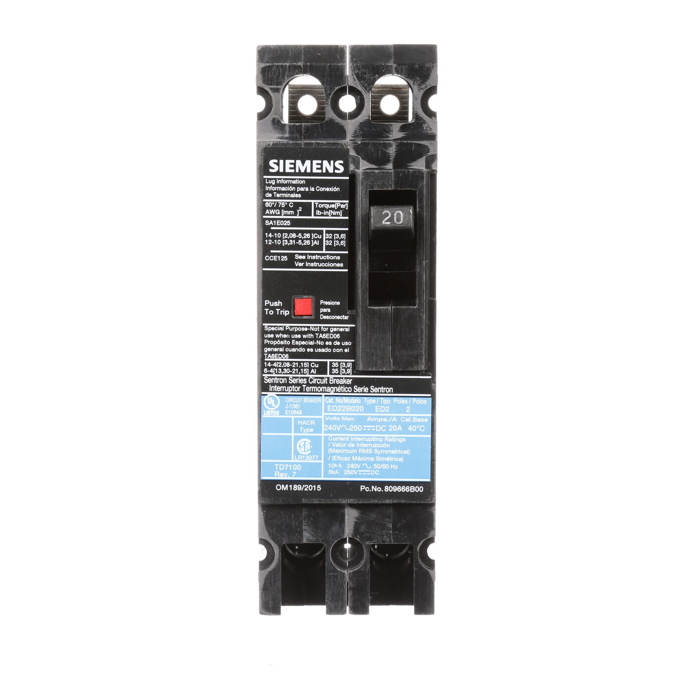 Siemens ED22B020 SentronTM ED22B020 Type ED2 Low Voltage Molded Case Circuit Breaker With Load Lugs, 240 VAC, 125/250 VDC, 20 A, 10 kA Interrupt, 2 Poles, Thermal Magnetic Trip