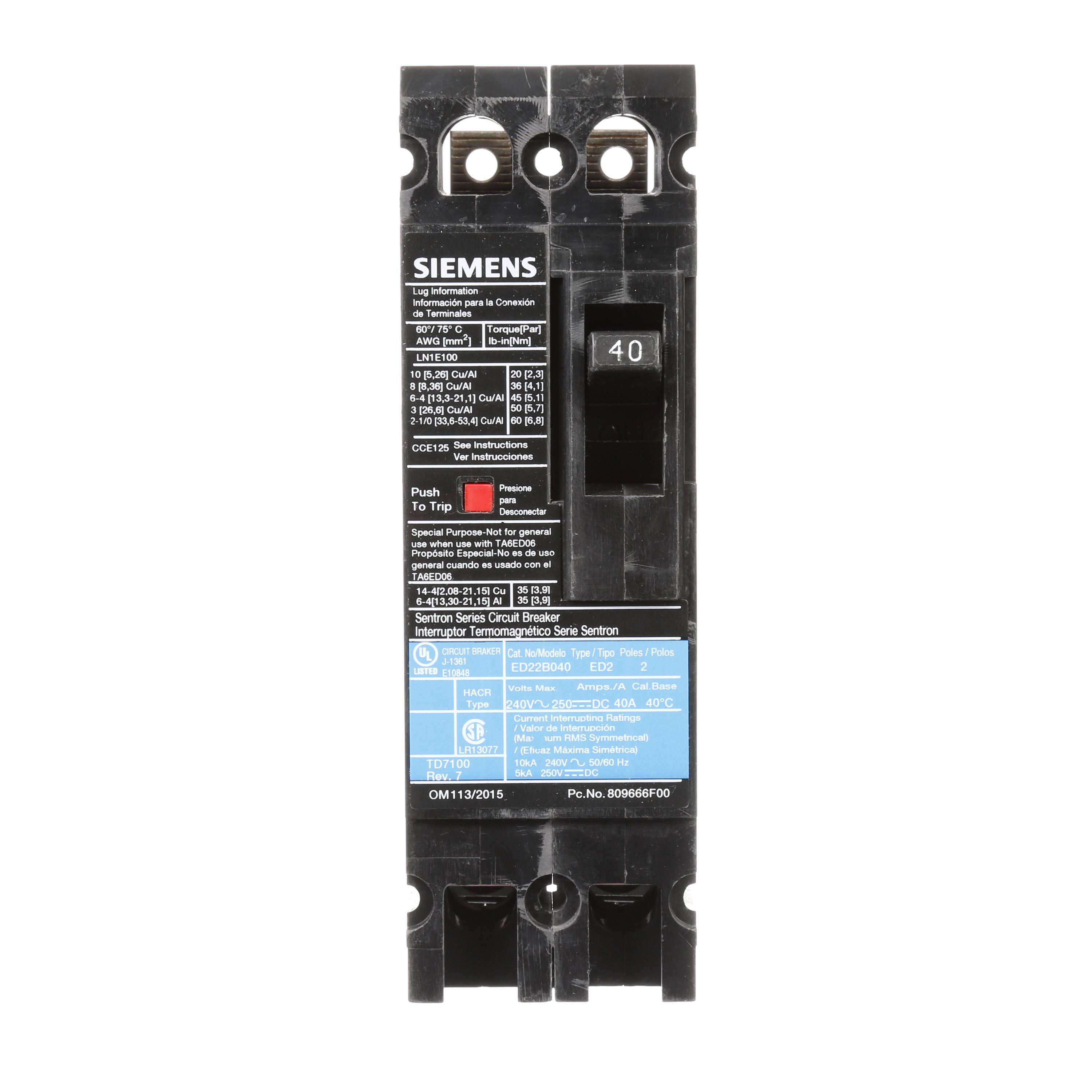 Siemens ED22B040 SentronTM ED22B040 Type ED2 Low Voltage Molded Case Circuit Breaker, 240 VAC, 125/250 VDC, 40 A, 10 kA Interrupt, 2 Poles, Thermal Magnetic Trip