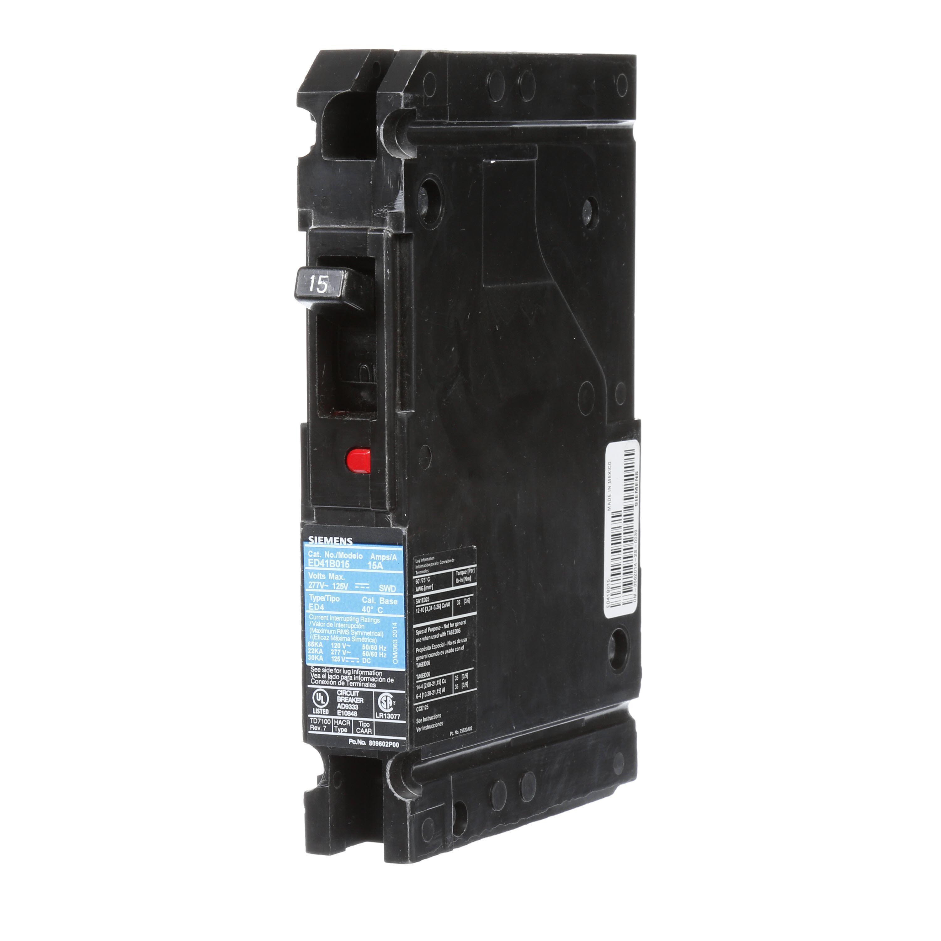 Siemens ED41B015 SentronTM ED41B015 Type ED4 Low Voltage Molded Case Circuit Breaker, 120/277 V AC/125 V DC, 15 A, 22 kA Interrupt, 1 Poles, Thermal Magnetic Trip