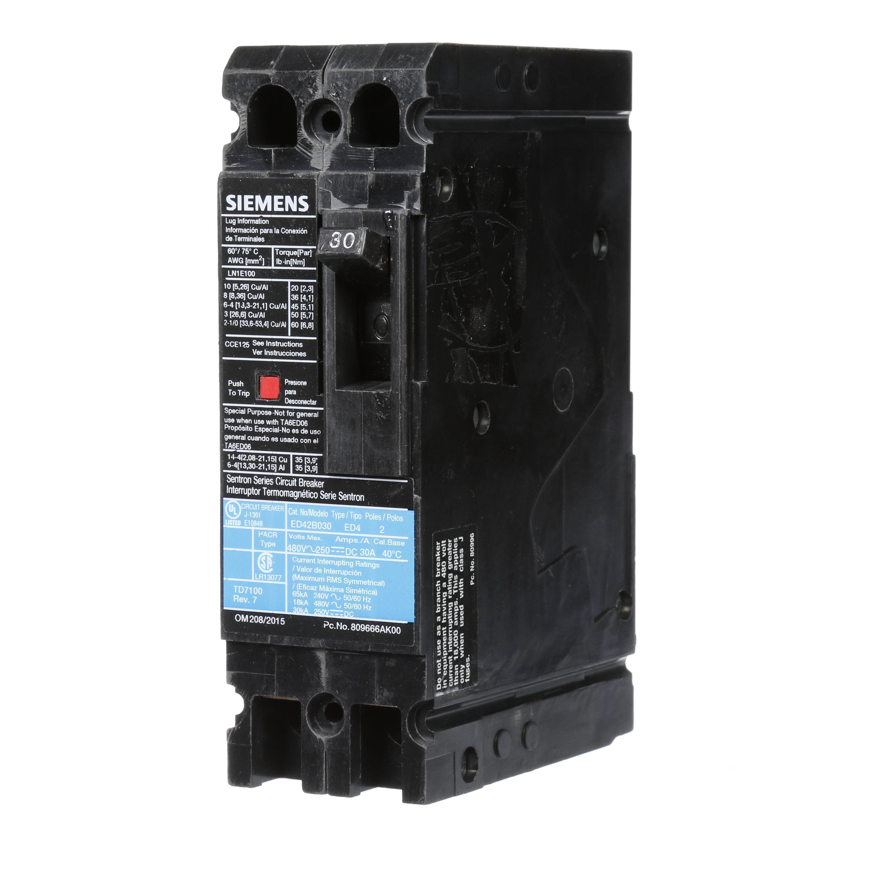 Siemens ED42B030 SentronTM ED42B030 Type ED4 Low Voltage Molded Case Circuit Breaker, 480 V AC/250 V DC, 30 A, 18 kA Interrupt, 2 Poles, Thermal Magnetic Trip