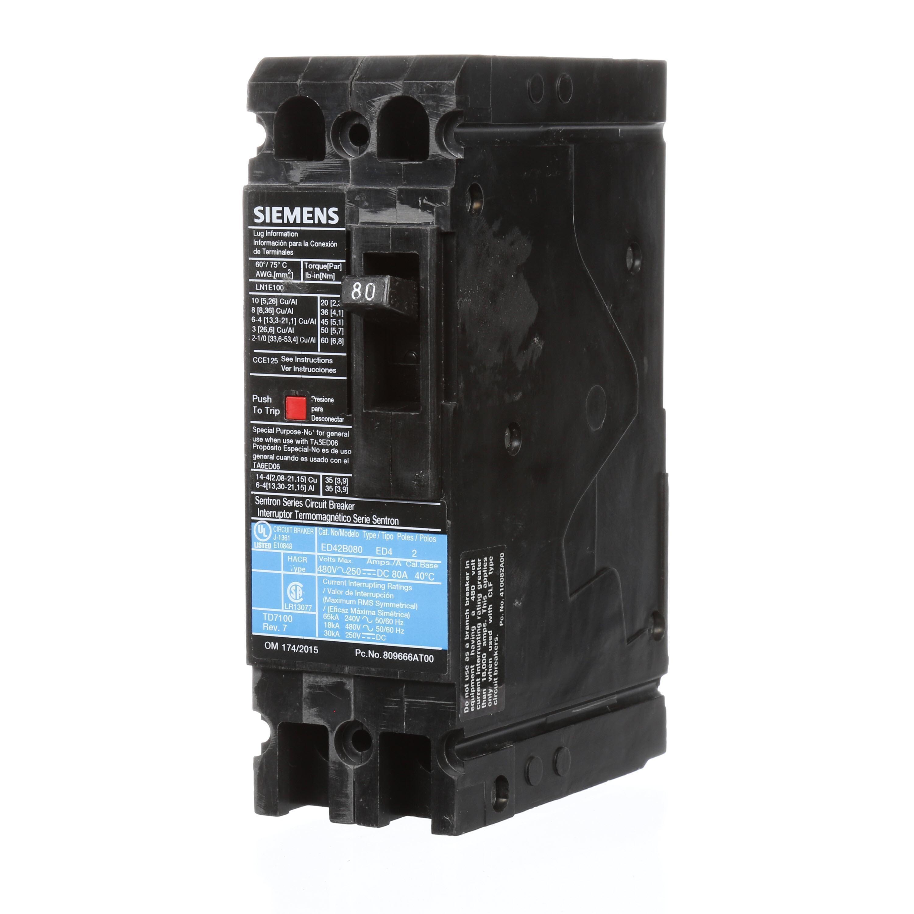 Siemens ED42B080 SentronTM ED42B080 Type ED4 Low Voltage Molded Case Circuit Breaker, 480 V AC/250 V DC, 80 A, 18 kA Interrupt, 2 Poles, Thermal Magnetic Trip