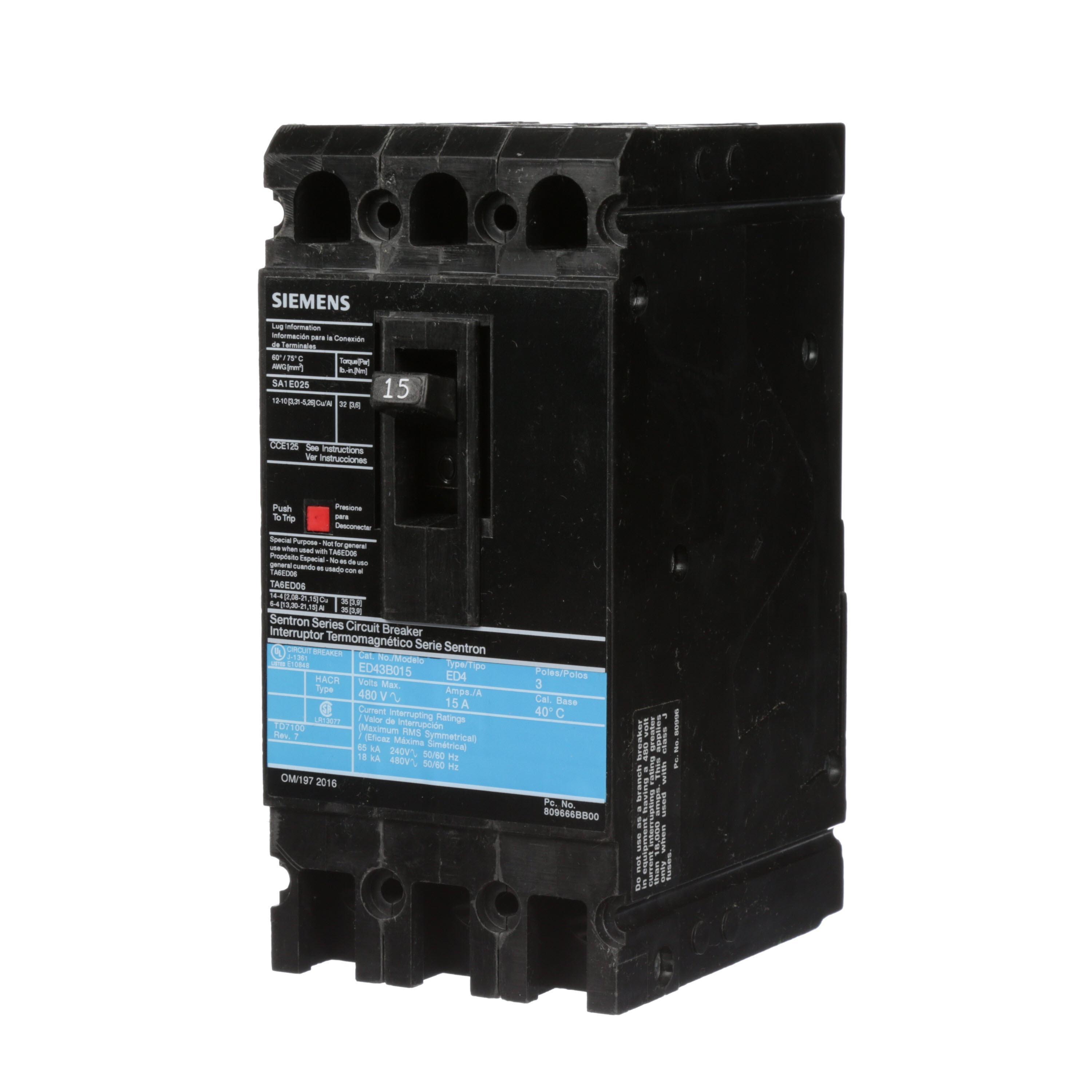 Siemens ED43B015L SentronTM ED43B015L Type ED4 Low Voltage Molded Case Circuit Breaker, 480 V AC/250 V DC, 15 A, 18 kA Interrupt, 3 Poles, Thermal Magnetic Trip