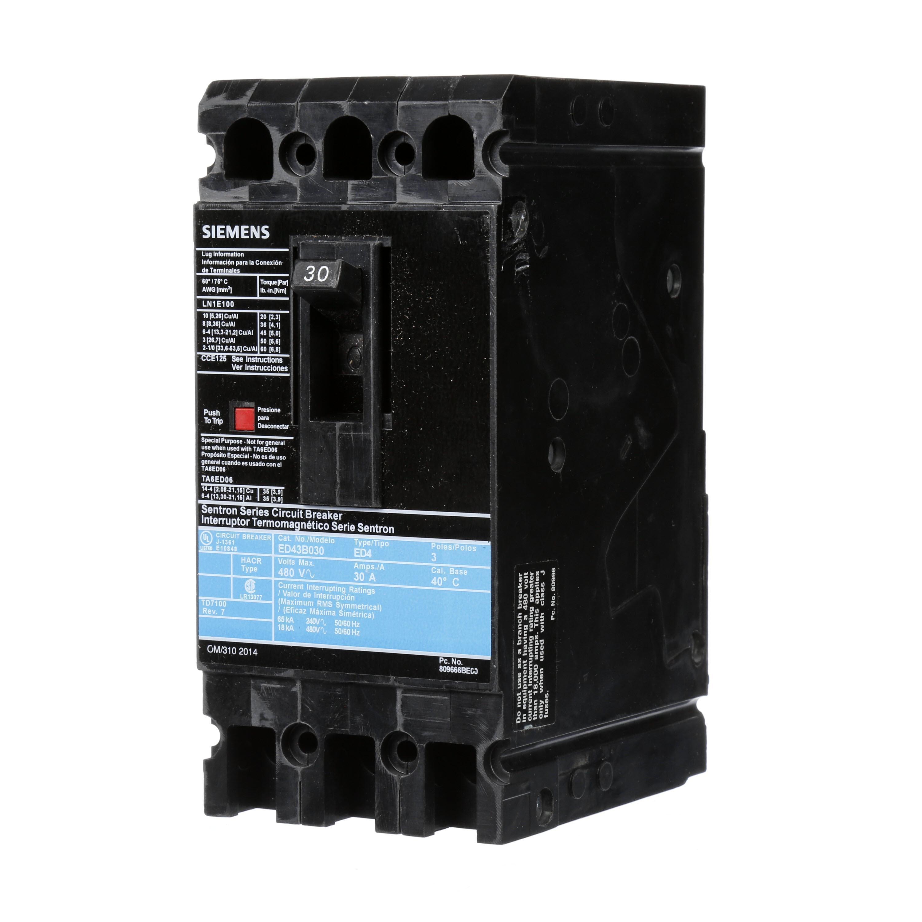 Siemens ED43B030 SentronTM ED43B030 Type ED4 Low Voltage Molded Case Circuit Breaker, 480 V AC/250 V DC, 30 A, 18 kA Interrupt, 3 Poles, Thermal Magnetic Trip