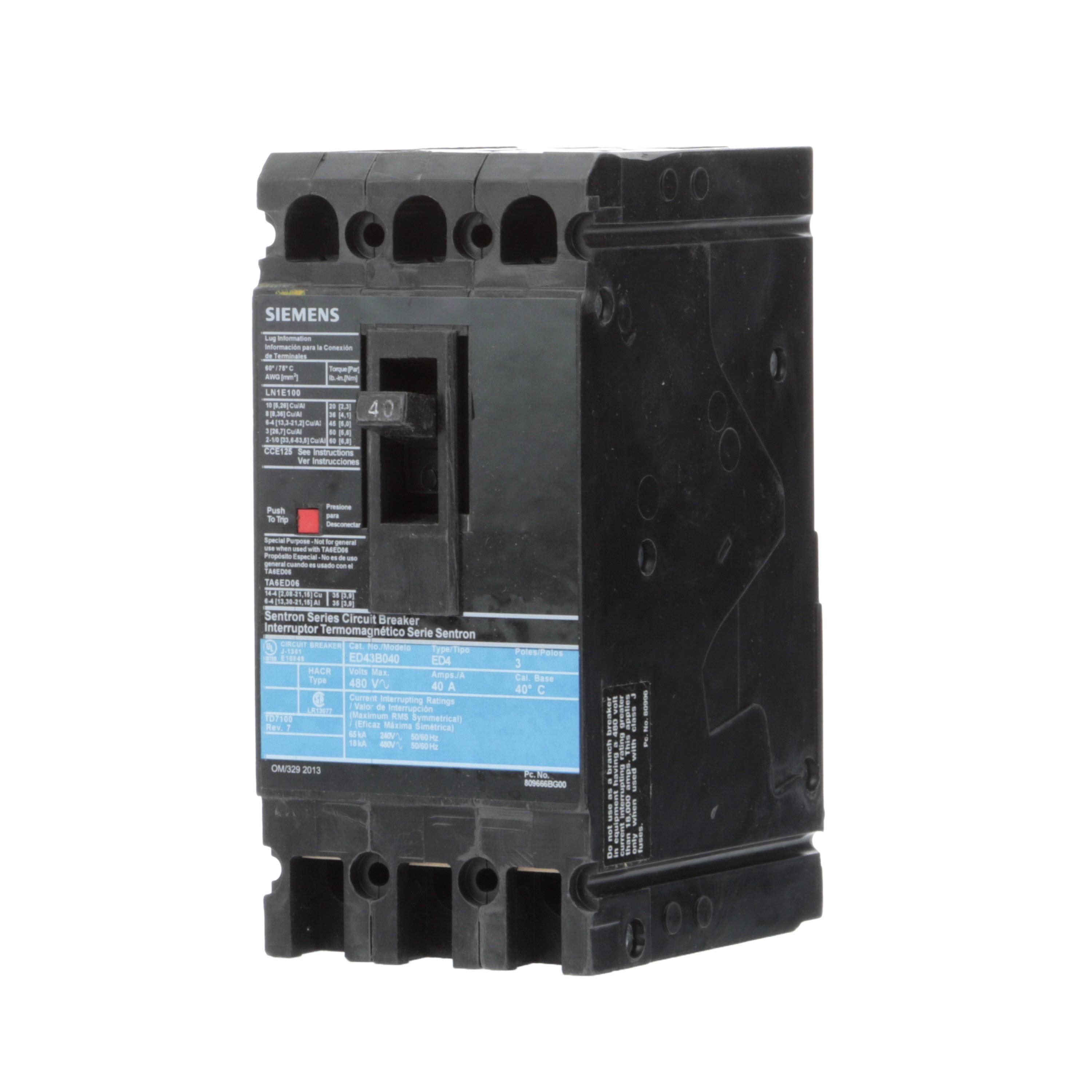 Siemens ED43B040L SentronTM ED43B040L Type ED4 Low Voltage Molded Case Circuit Breaker, 480 V AC/250 V DC, 40 A, 18 kA Interrupt, 3 Poles, Thermal Magnetic Trip
