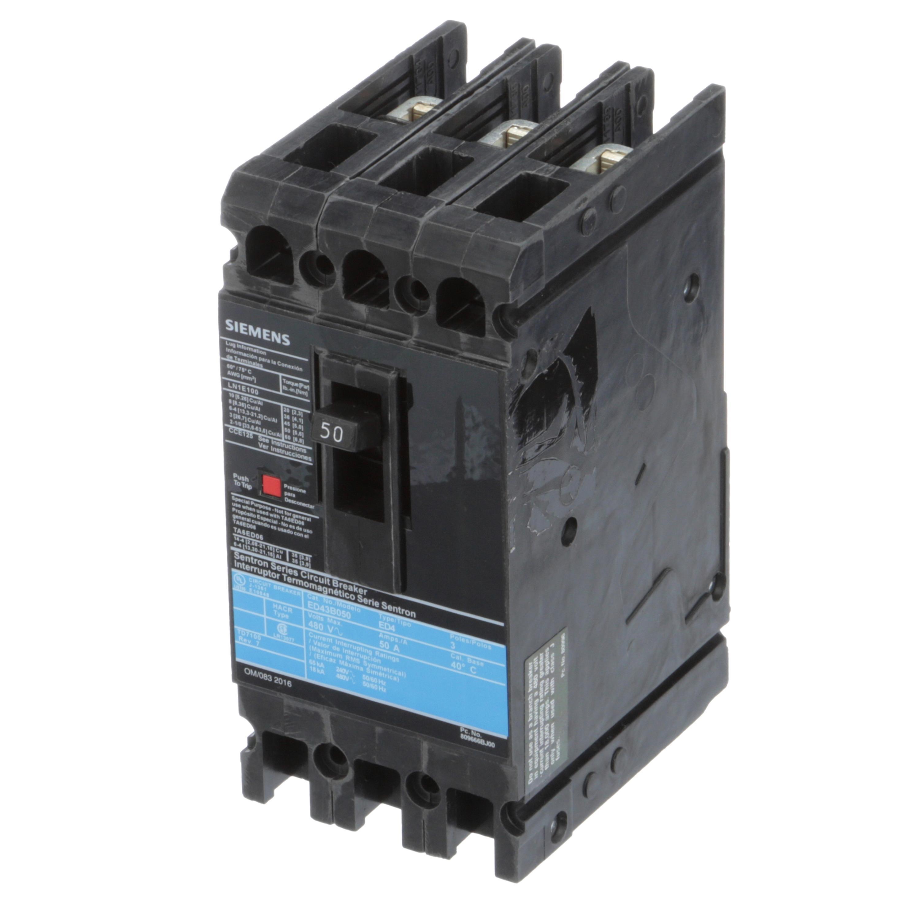 Siemens ED43B050L SentronTM ED43B050L Type ED4 Low Voltage Molded Case Circuit Breaker, 480 V AC/250 V DC, 50 A, 18 kA Interrupt, 3 Poles, Thermal Magnetic Trip
