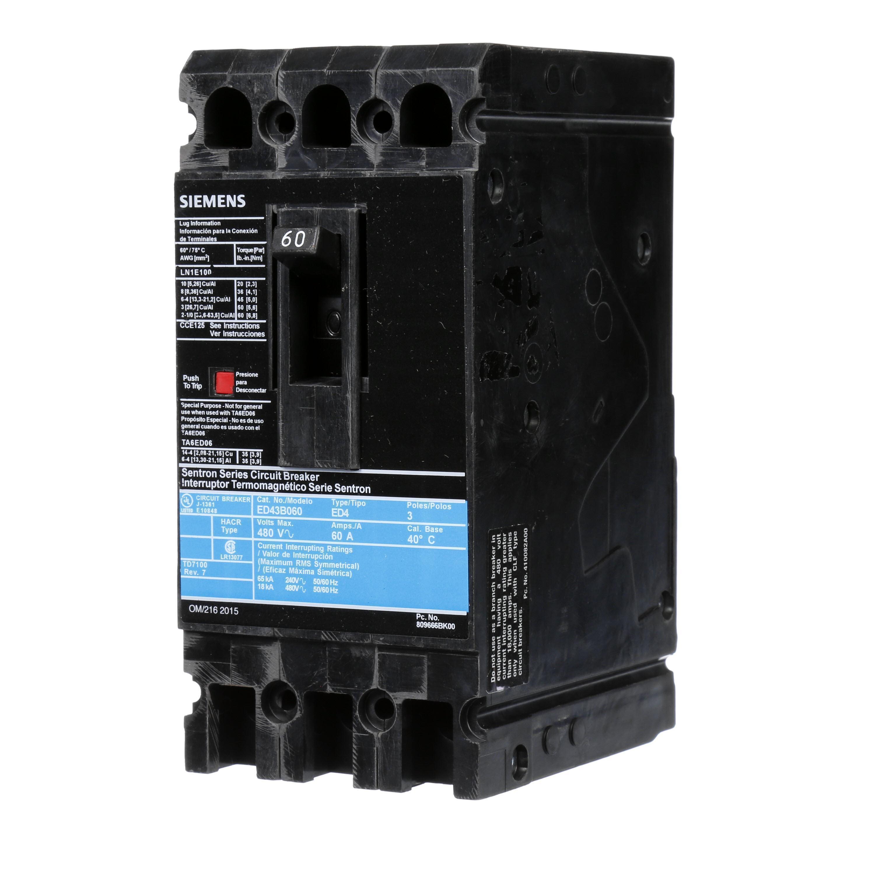 Siemens ED43B060 SentronTM ED43B060 Type ED4 Low Voltage Molded Case Circuit Breaker, 480 V AC/250 V DC, 60 A, 18 kA Interrupt, 3 Poles, Thermal Magnetic Trip
