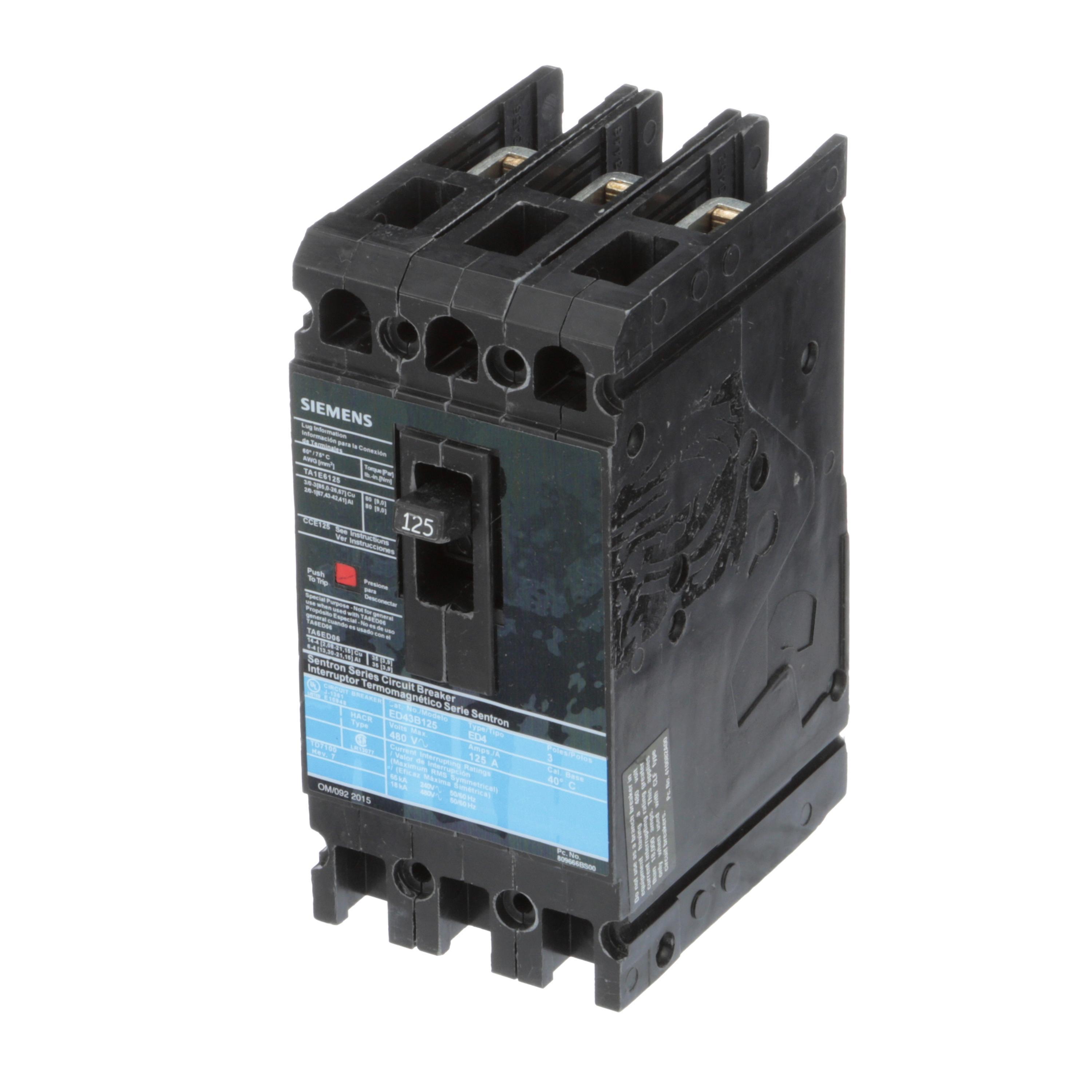 Siemens ED43B125L SentronTM ED43B125L Type ED4 Low Voltage Molded Case Circuit Breaker, 480 V AC/250 V DC, 125 A, 18 kA Interrupt, 3 Poles, Thermal Magnetic Trip