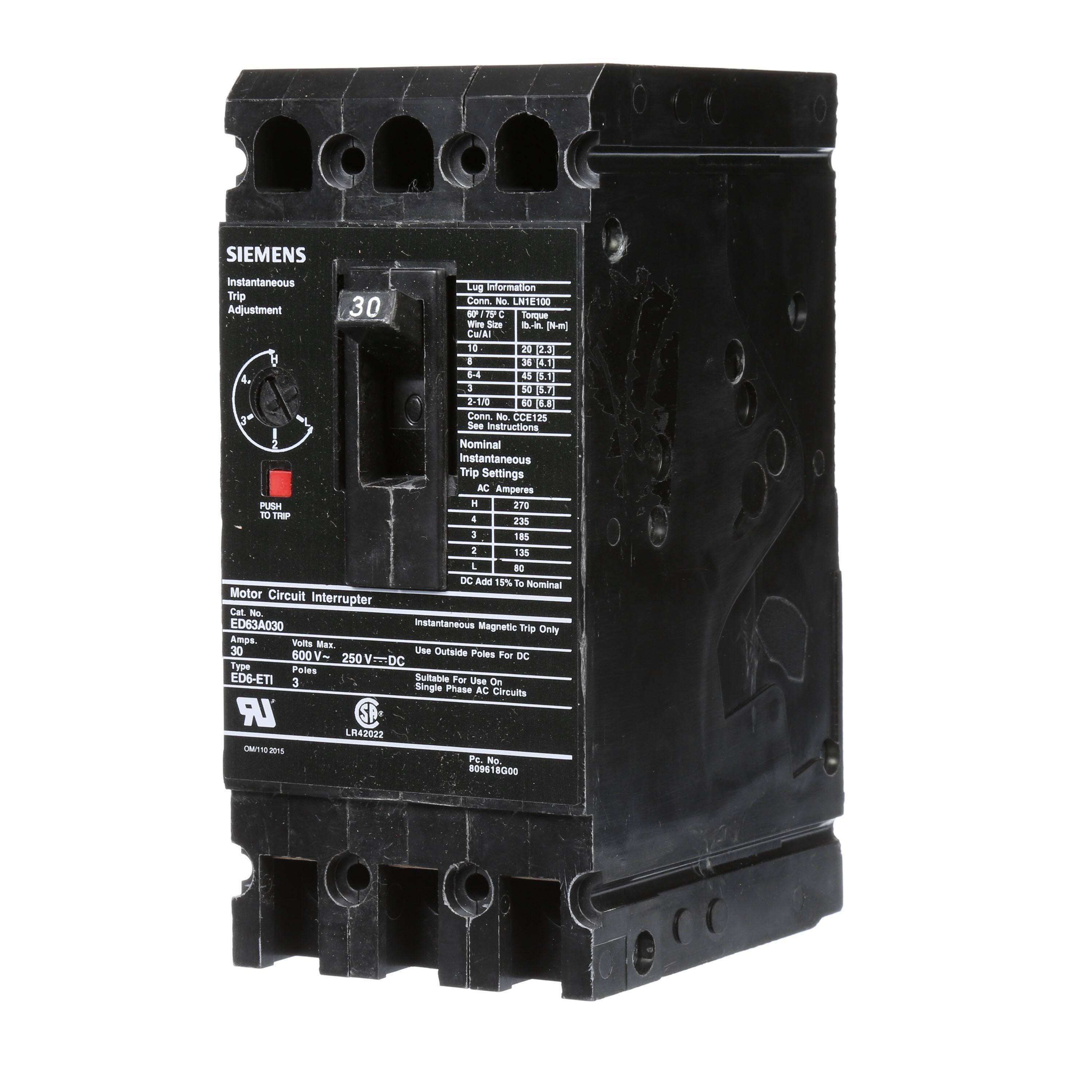 Siemens ED63A030 SentronTM ED63A030 Type ED6 Low Voltage Molded Case Circuit Breaker, 600 V AC/250 V DC, 30 A, 18 kA Interrupt, 3 Poles, Thermal Magnetic Trip