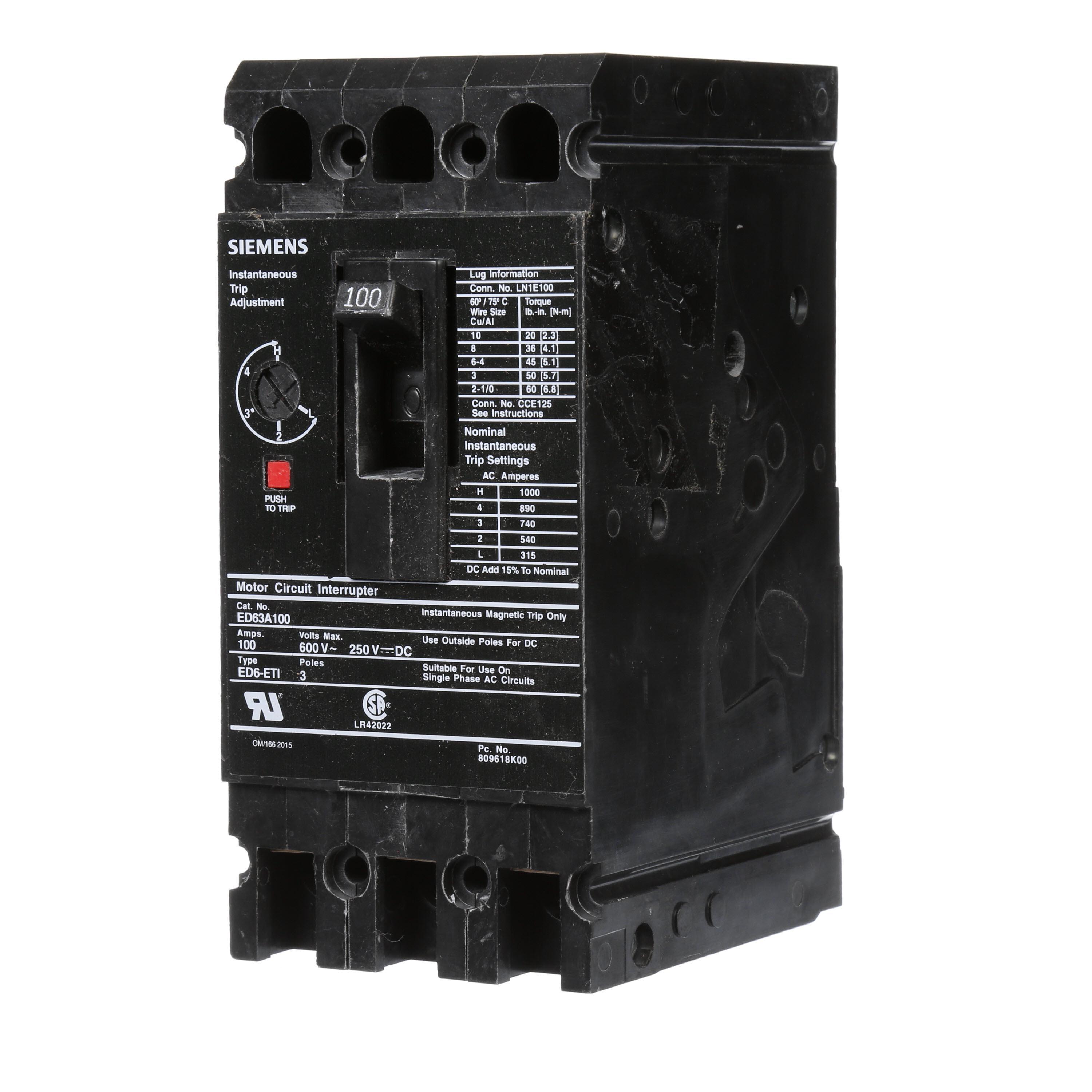 Siemens ED63A100 SentronTM ED63A100 Type ED6 Low Voltage Molded Case Circuit Breaker, 600 V AC/250 V DC, 100 A, 18 kA Interrupt, 3 Poles, Thermal Magnetic Trip