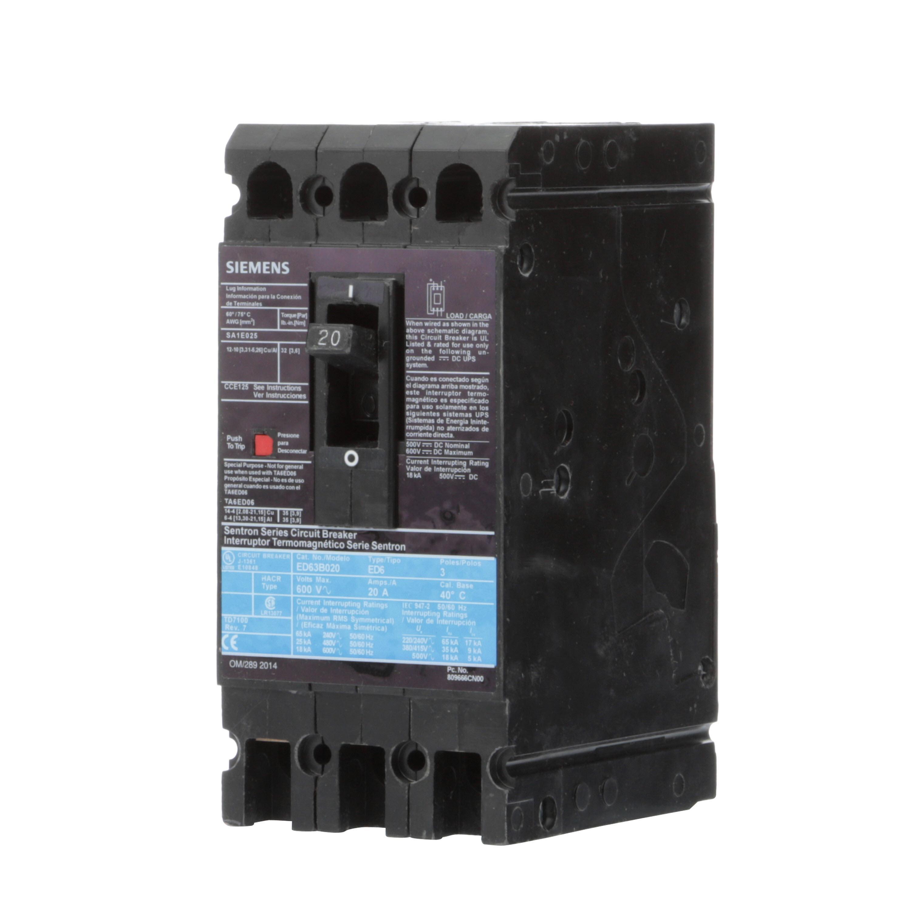 Siemens ED63B020L SentronTM ED63B020L Type ED6 Low Voltage Molded Case Circuit Breaker, 600 V AC/250 V DC, 20 A, 18 kA Interrupt, 3 Poles, Thermal Magnetic Trip