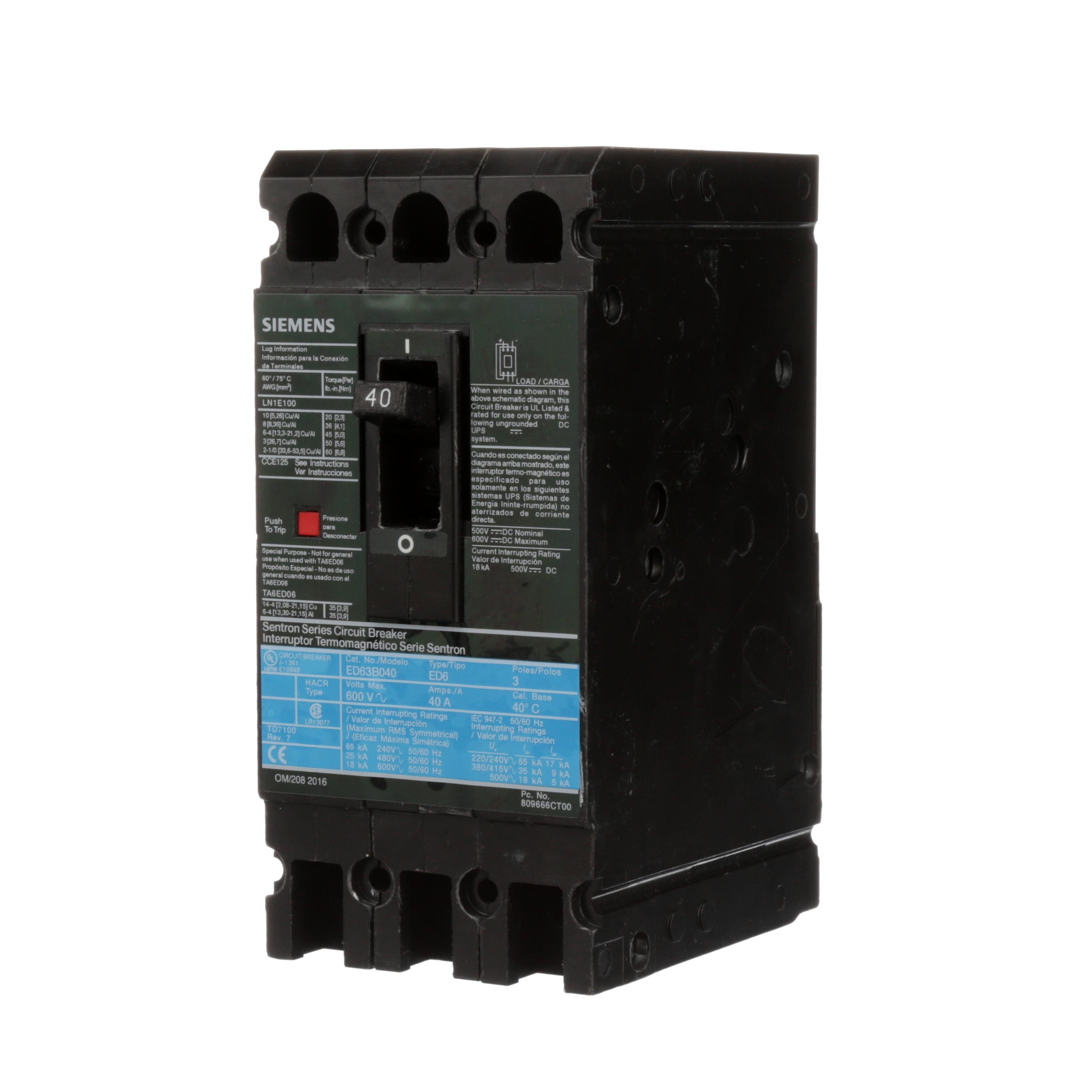 Siemens ED63B040L SentronTM ED63B040L Type ED6 Low Voltage Molded Case Circuit Breaker, 600 V AC/250 V DC, 40 A, 18 kA Interrupt, 3 Poles, Thermal Magnetic Trip