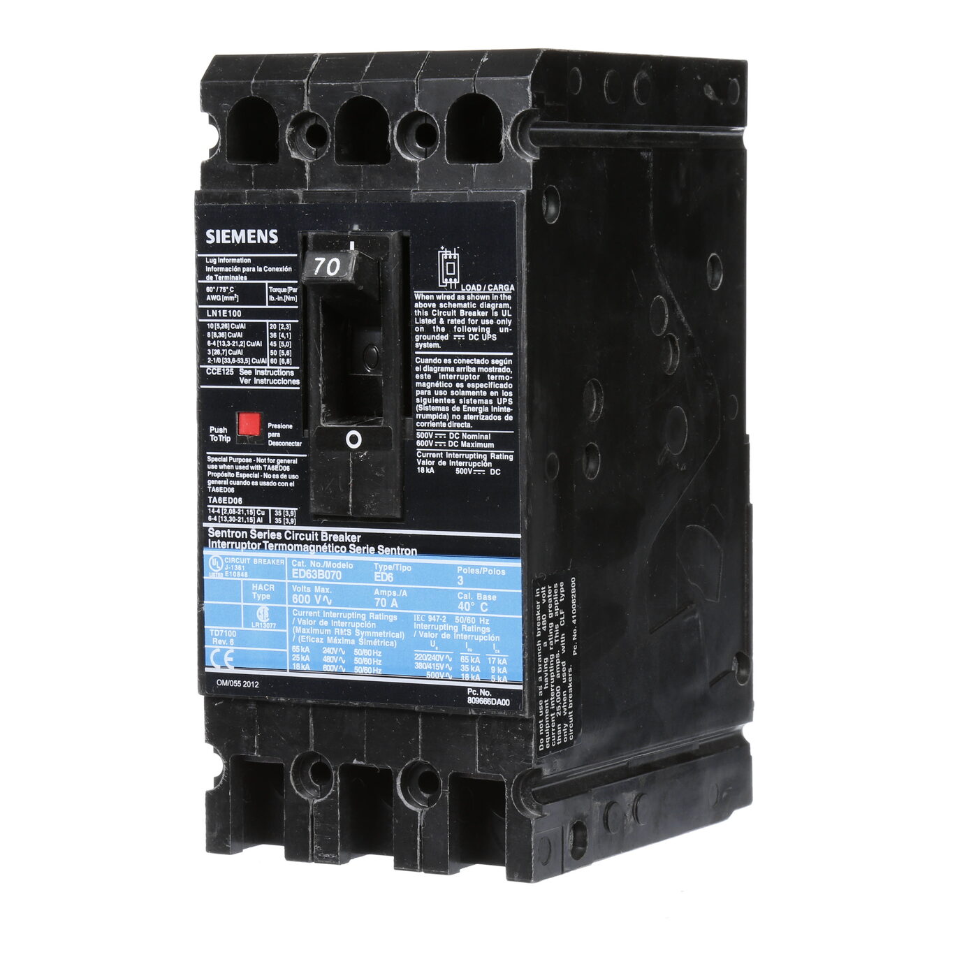 Siemens ED63B070L SentronTM ED63B070L Type ED6 Low Voltage Molded Case Circuit Breaker, 600 V AC/250 V DC, 70 A, 18 kA Interrupt, 3 Poles, Thermal Magnetic Trip