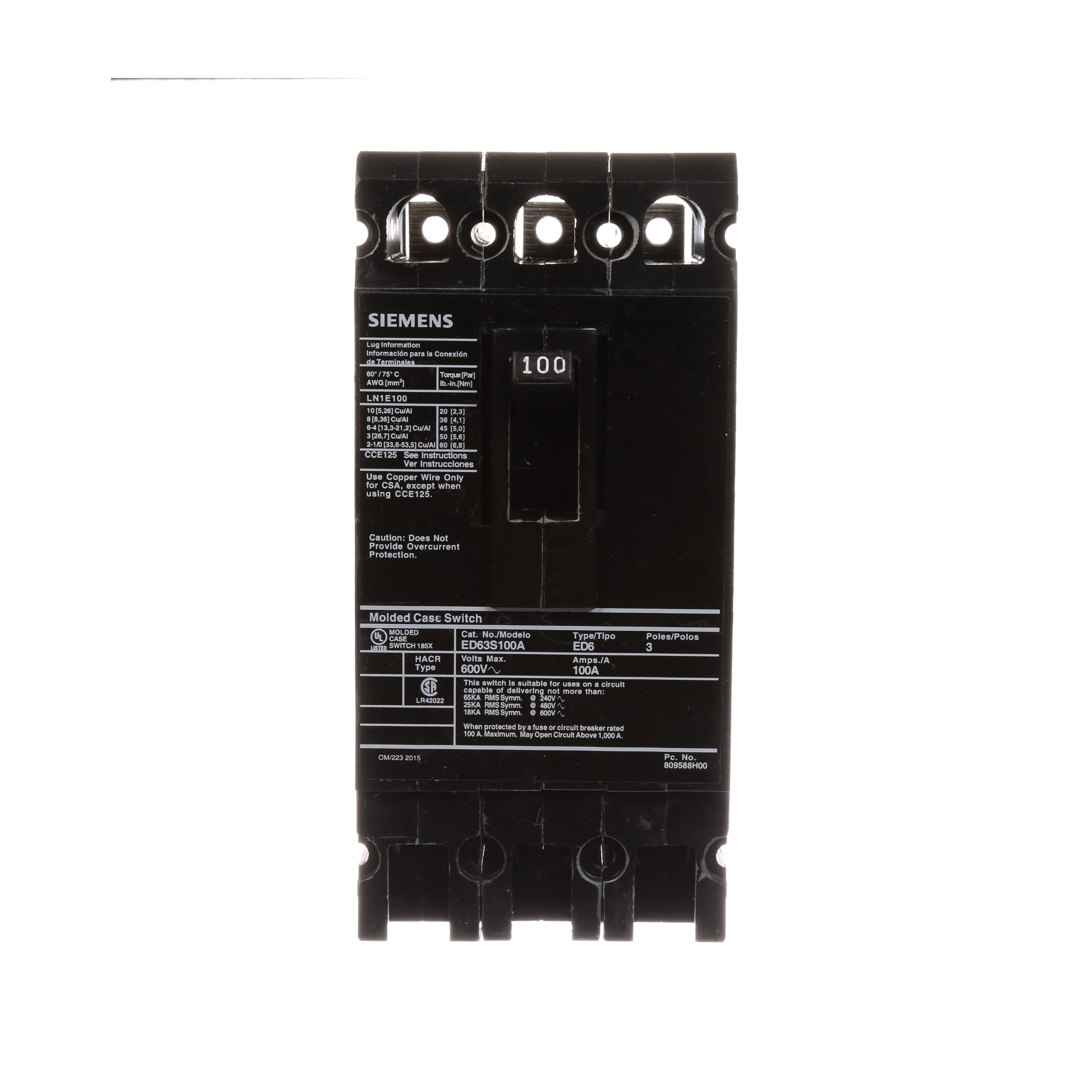 Siemens ED63S100A SentronTM ED63S100A Type ED6 Low Voltage Molded Case Circuit Breaker, 600 V AC/250 V DC, 100 A, 18 kA Interrupt, 3 Poles, Thermal Magnetic Trip