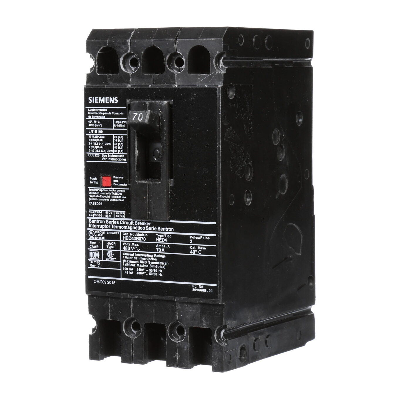 Siemens HED43B070 SentronTM HED43B070 Type HED4 Low Voltage Molded Case Circuit Breaker, 480 V AC/250 V DC, 70 A, 42 kA Interrupt, 3 Poles, Thermal Magnetic Trip