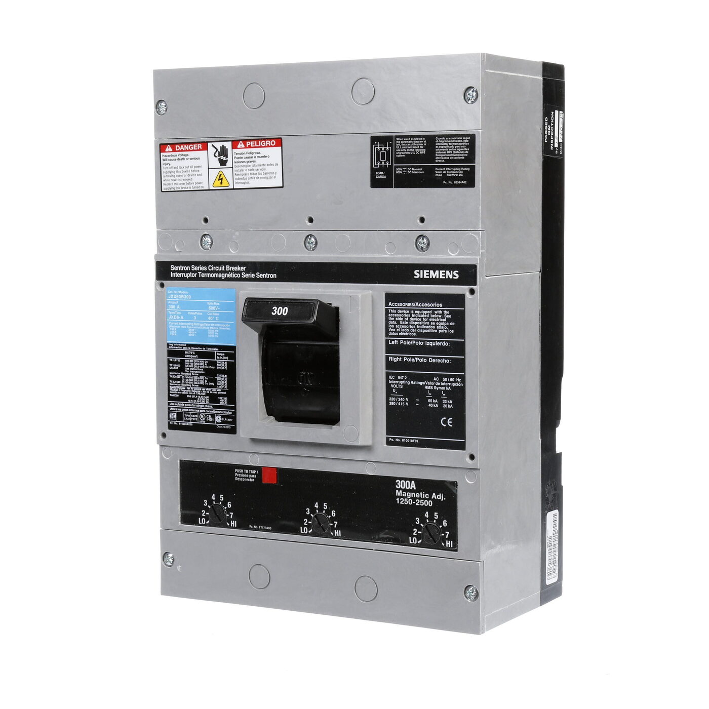 Siemens JXD63B300 SentronTM JXD63B300 Type JXD6 Low Voltage Molded Case Circuit Breaker, 600 V AC/250 V DC, 300 A, 25 kA Interrupt, 3 Poles, Thermal Magnetic Trip