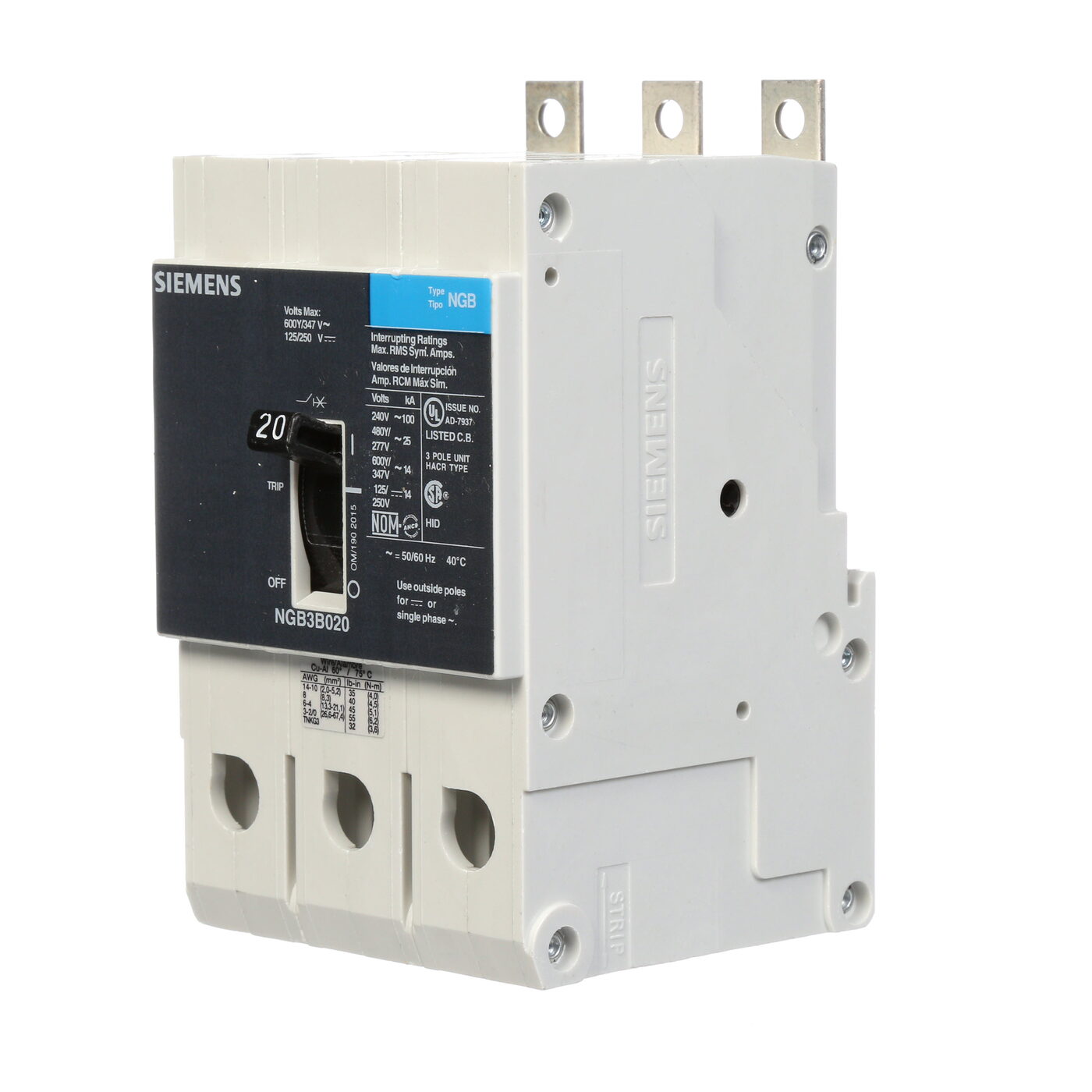 Siemens NGB3B020B Type NGB Low Voltage Molded Case Circuit Breaker, 600Y/347 V AC, 20 A, 14 kA Interrupt, 3 Poles, Thermal Magnetic Trip