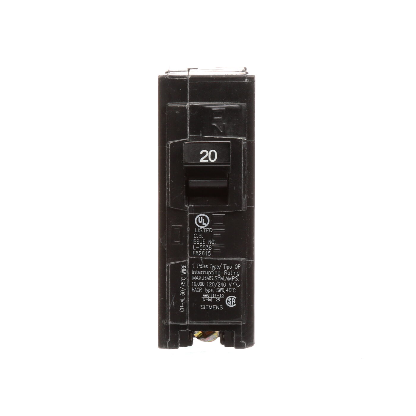 Siemens Q120 Molded Case Circuit Breaker With Insta-Wire, 120 V AC, 20 A, 10 kA Interrupt, 1 Poles, Thermal Magnetic Trip