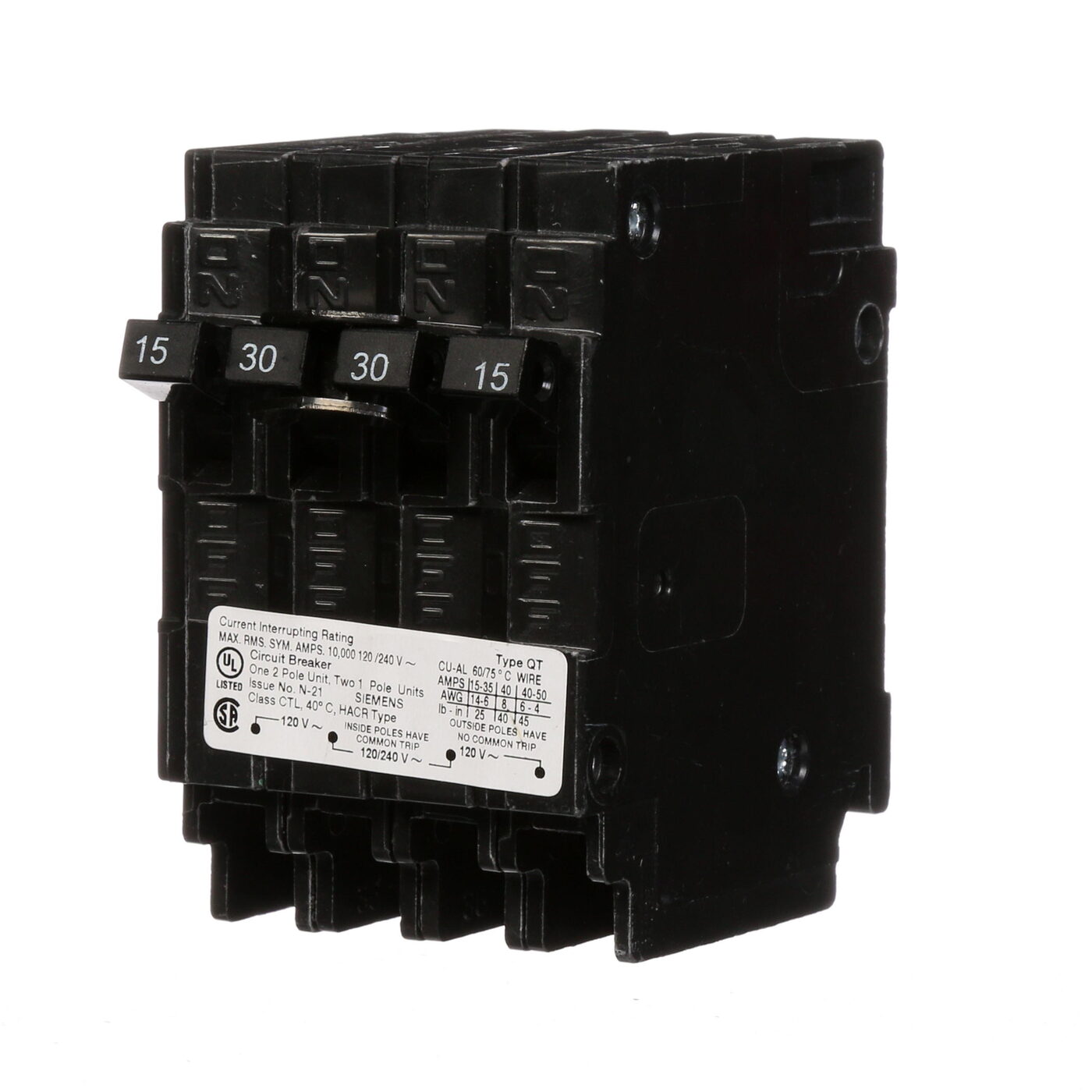 Siemens Q21530CT Type QT Low Voltage Miniature Triplex Molded Case Circuit Breaker, 120/240 V AC, 15 to 30 A, 10 kA Interrupt, 3 Poles, Thermal Magnetic Trip