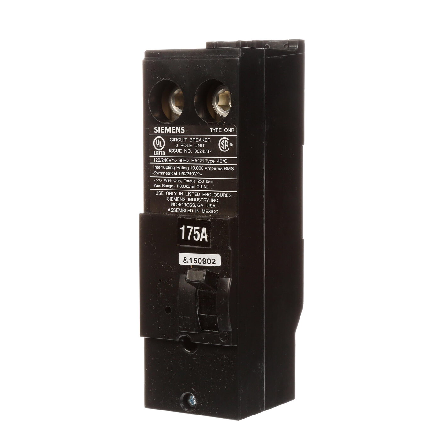 Siemens QN2175R Type QNR Low Voltage Reversible Molded Case Circuit Breaker, 120/240 V AC, 175 A, 10 kA Interrupt, 2 Poles, Thermal Magnetic Trip
