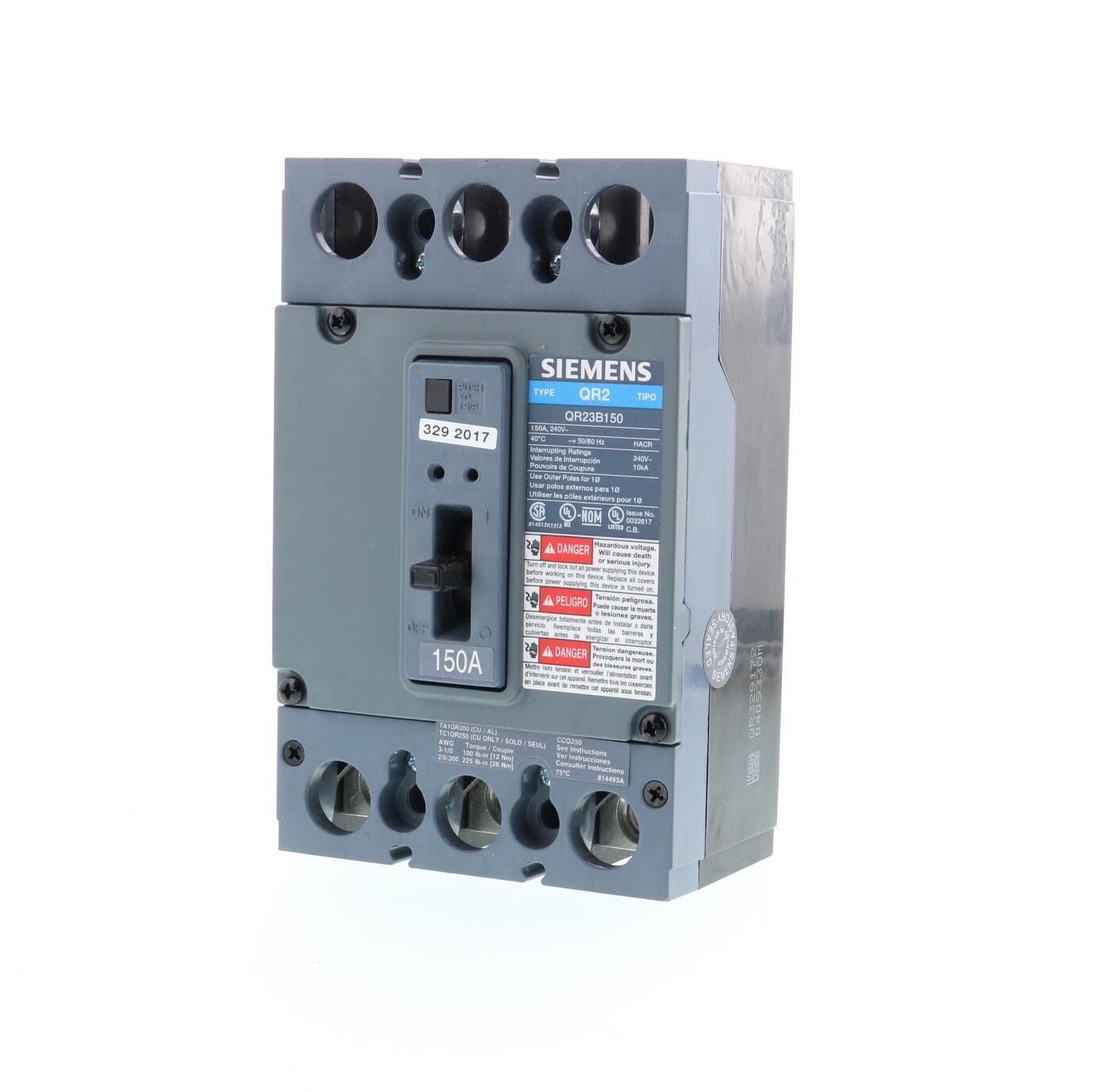 Siemens QR23B150 Low Voltage Molded Case Circuit Breaker, 240 V AC, 150 A, 10 kA Interrupt, 3 Poles, Thermal Magnetic Trip
