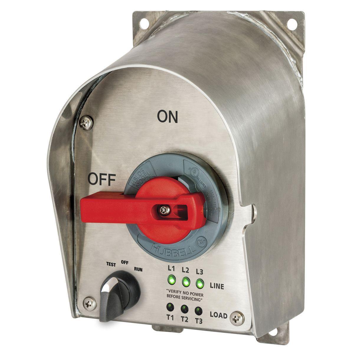 Hubbell Wiring Device-Kellems Circuit-Lock inSIGHTTM HBLDS3SSRPJ Sloped Top Unfused Enclosed Disconnect Switch With LED Indicator, 600 V AC, 30 A, 15 hp, 3 Poles