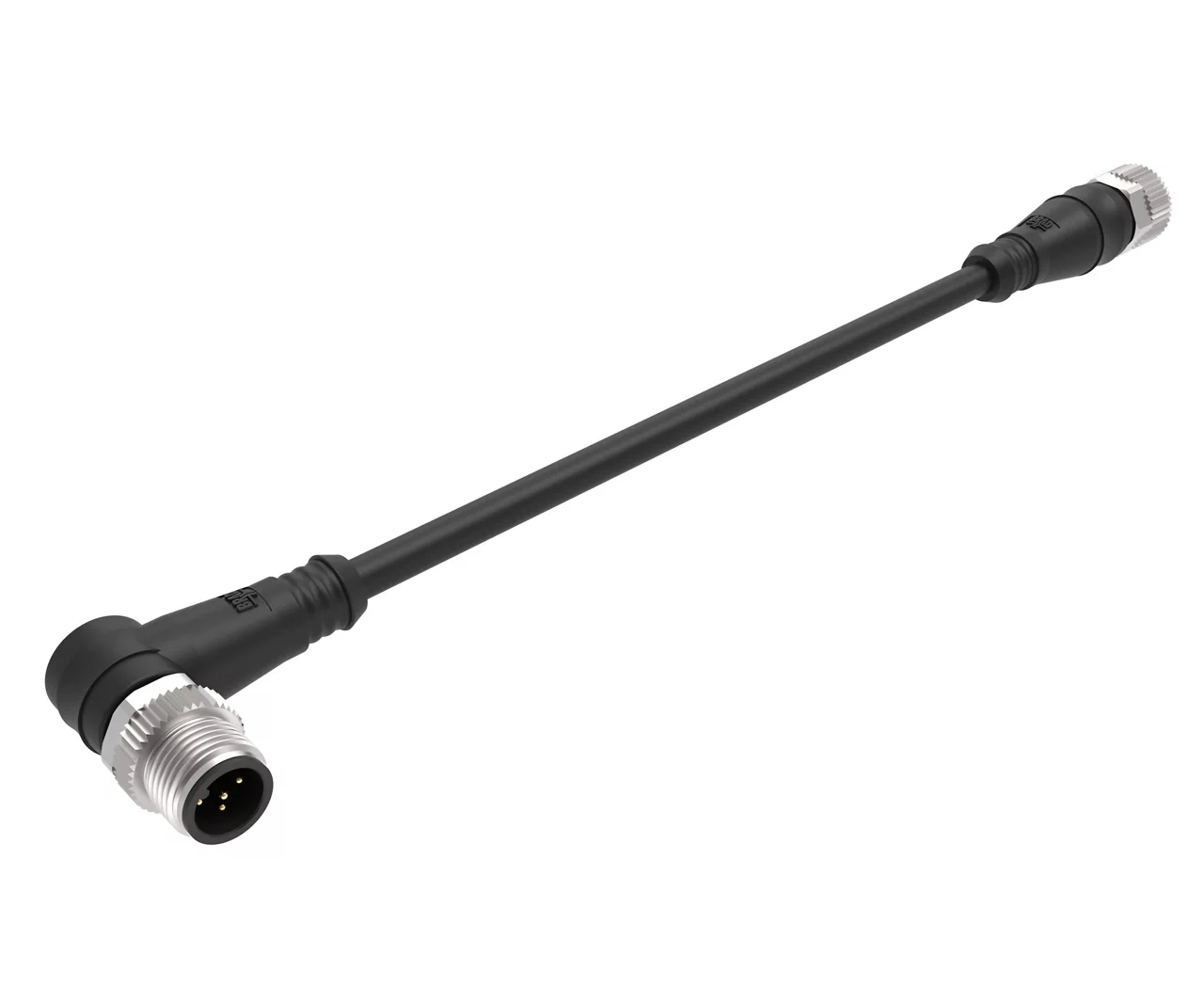 Molex 1200669912 M12 Signal, A-Coded, Double-Ended Cordset with Knurled Hexnut, 5 Poles, Female (Straight) to Male (90°)