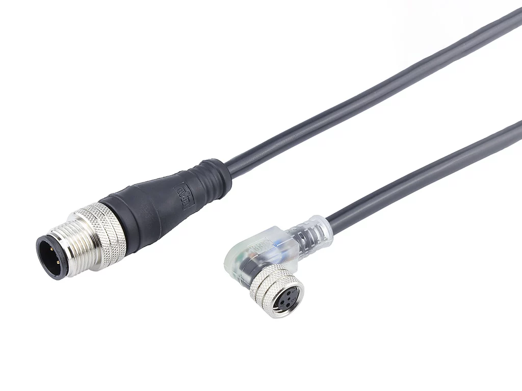 Molex 1200878067 M8 Signal, A-Coded, Double-Ended Cordset, 3 Poles, Female (90°) to Male (Straight) with LED for PNP Sen
