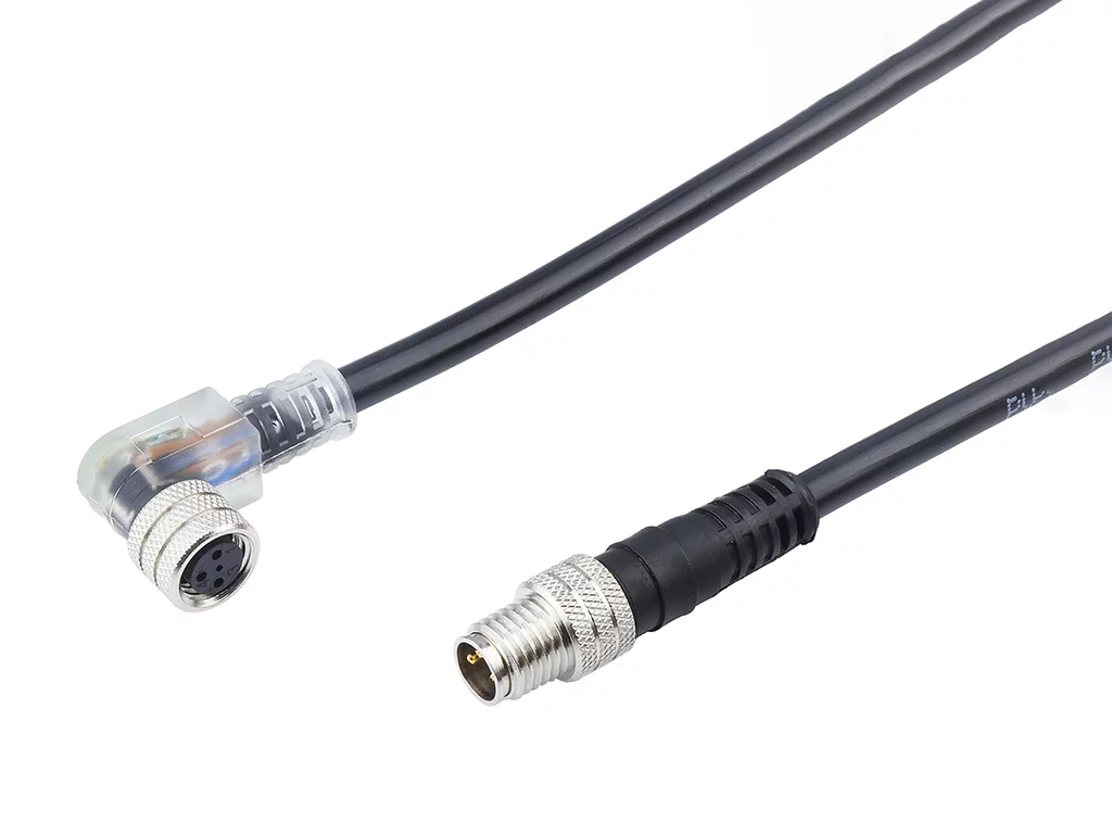 Molex 1200878136 M8 Signal, A-Coded, Double-Ended Cordset, 3 Poles, Female (90°) to Male (Straight) with LED for PNP Sen