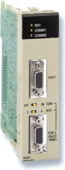 Omron CS1W-SCB41-V1 Serial communications board, 1 x RS-232C port, 1 x RS422/485 port, supports protocol macro backup from memory card