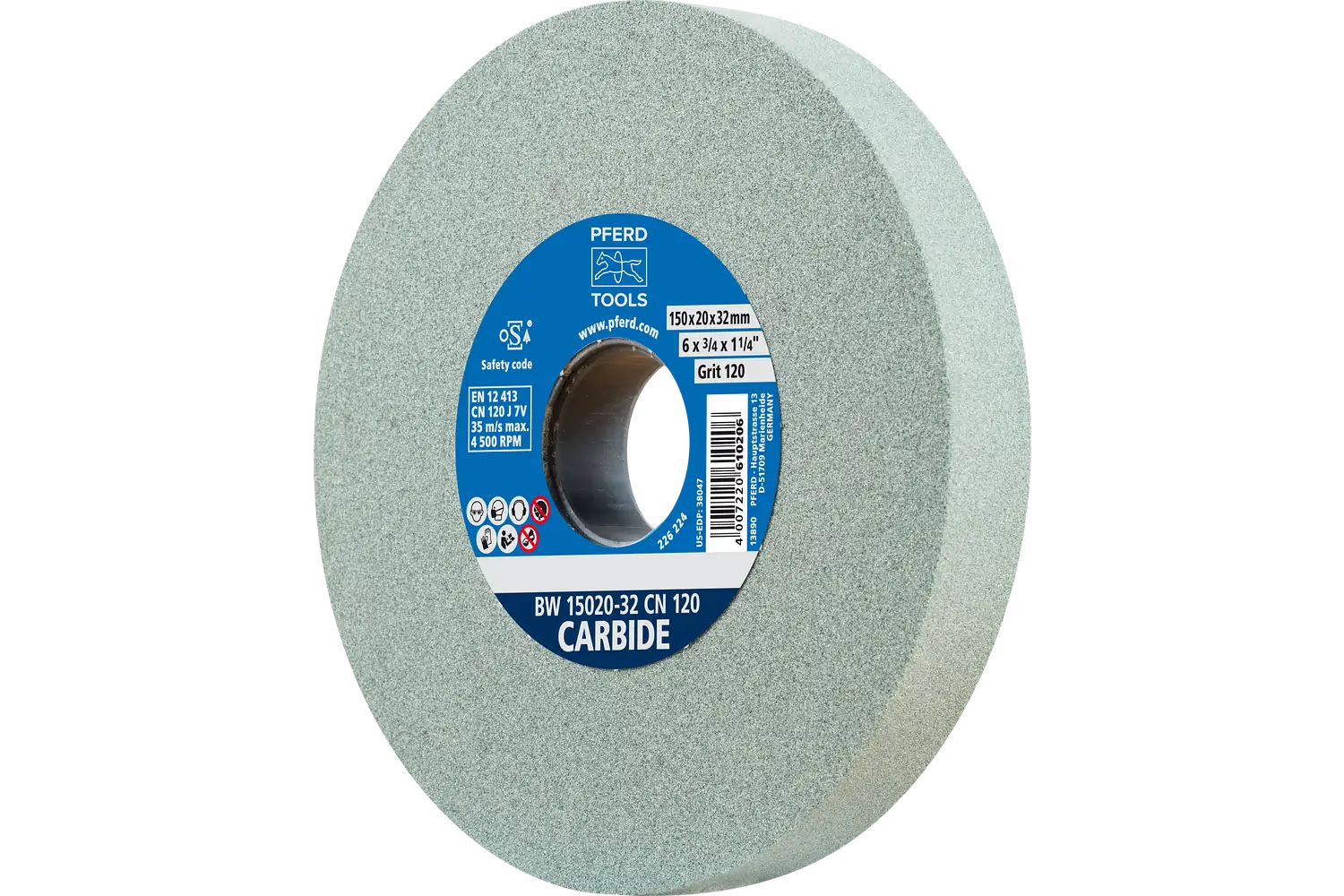 PFERD Vitrified Bench Wheel, CARBIDE, 6″ x 3/4 x 1-1/4, 120 Grit, Silicon Carbide: BW 15020-32 CN 120 CARBIDE