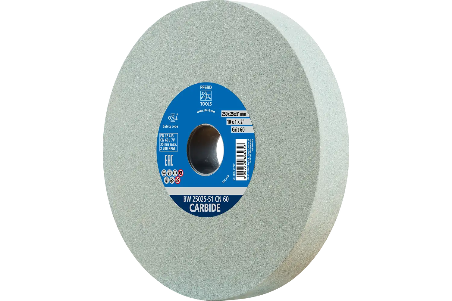 PFERD Vitrified Bench Wheel, CARBIDE, 10" x 1 x 2, 60 Grit, Silicon Carbide: 25025-51 CN 60 CARBIDE