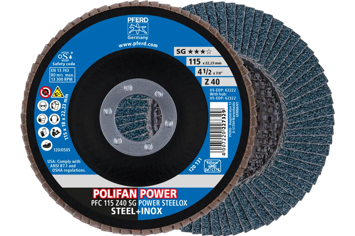 Flap Disc, 4-1/2″ x 7/8, Z SG POWER STEELOX, 40 Grit, T29, Conical, Zirconia: PFC 115 Z 40 SG POWER STEELOX