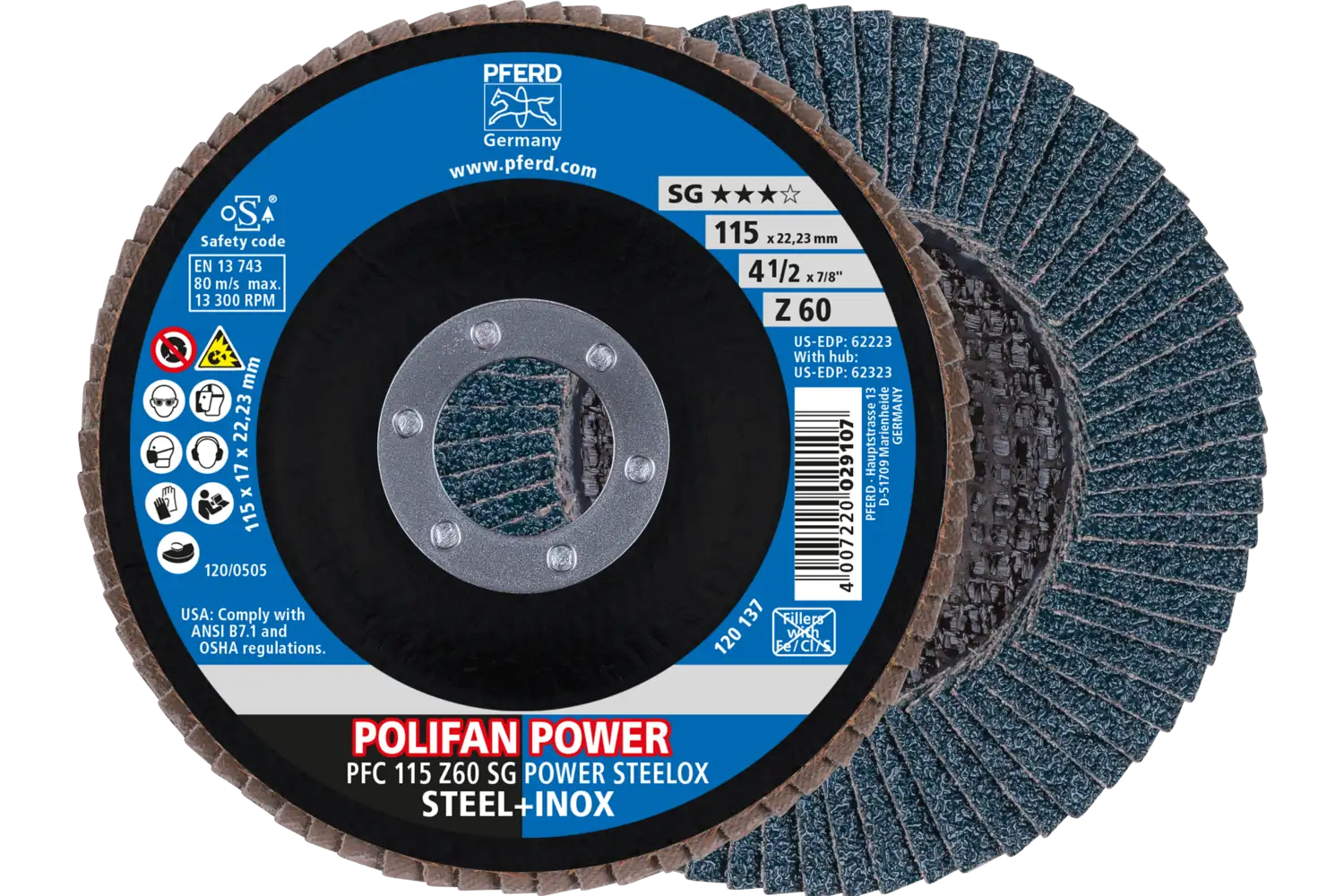 Flap Disc, 4-1/2″ x 7/8, Z SG POWER STEELOX, 60 Grit, T29, Conical, Zirconia: PFC 115 Z 60 SG POWER STEELOX