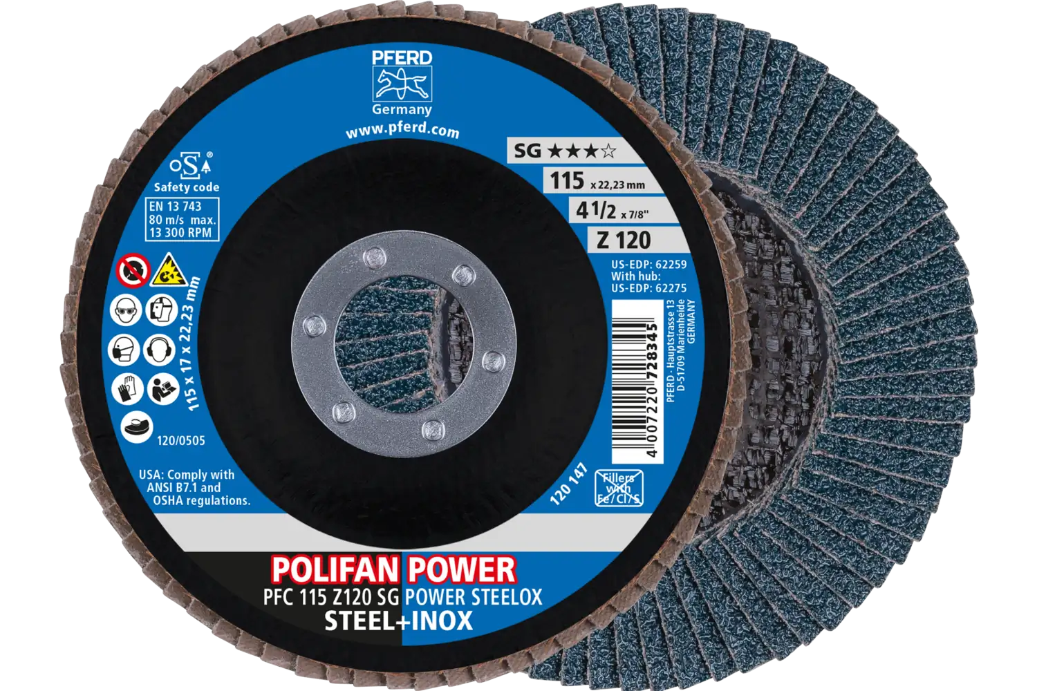Flap Disc, 4-1/2″ x 7/8, Z SG POWER STEELOX, 120 Grit, T29, Conical, Zirconia: PFC 115 Z 120 SG POWER STEELOX