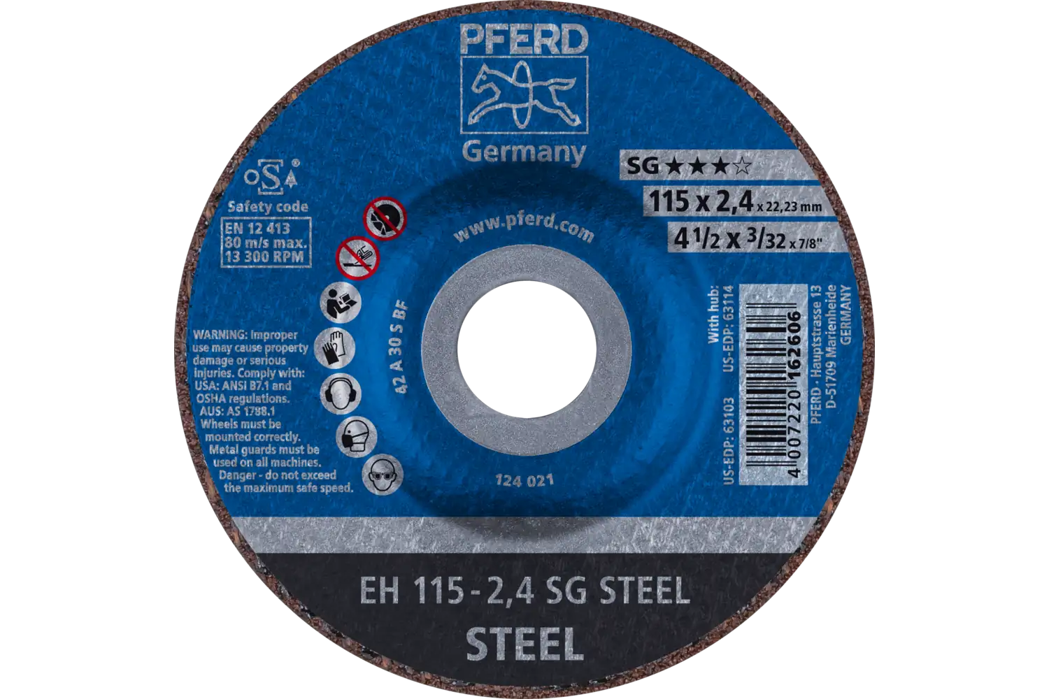 PFERD Cut-Off Wheel, 4-1/2″ x 3/32 x 7/8, SG STEEL, T27, Aluminum oxide: EH 115-2,4 SG STEEL