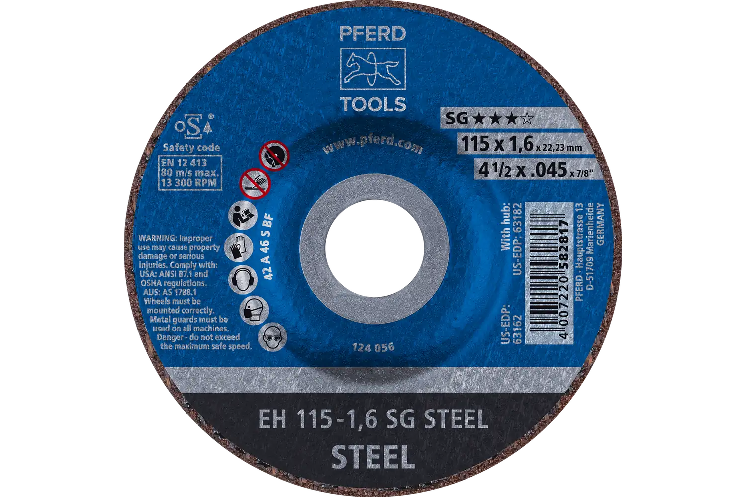 PFERD Cut-Off Wheel, 4-1/2″ x .045 x 7/8, SG STEEL, T27, Aluminum oxide: EH 115-1,6 SG STEEL TMNA