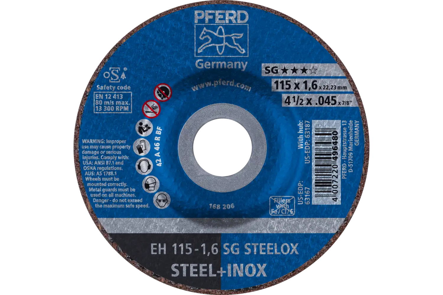 Cut-Off Wheel, 4-1/2″ x .045 x 7/8, SG STEELOX, T27, Aluminum oxide: EH 115-1,6 SG STEELOX TMNA
