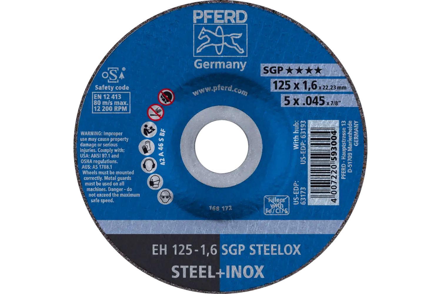 Cut-Off Wheel, 5″ x .045 x 7/8, SGP STEELOX, T27, Aluminum oxide: EH 125-1,6 SGP STEELOX TMNA