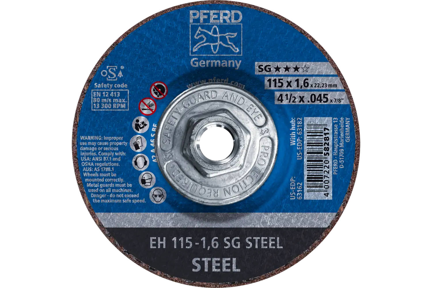 PFERD Cut-Off Wheel, 4-1/2″ x .045 x 5/8-11, SG STEEL, T27, Aluminum oxide: EH 115-1,6 SG STEEL/H TMNA