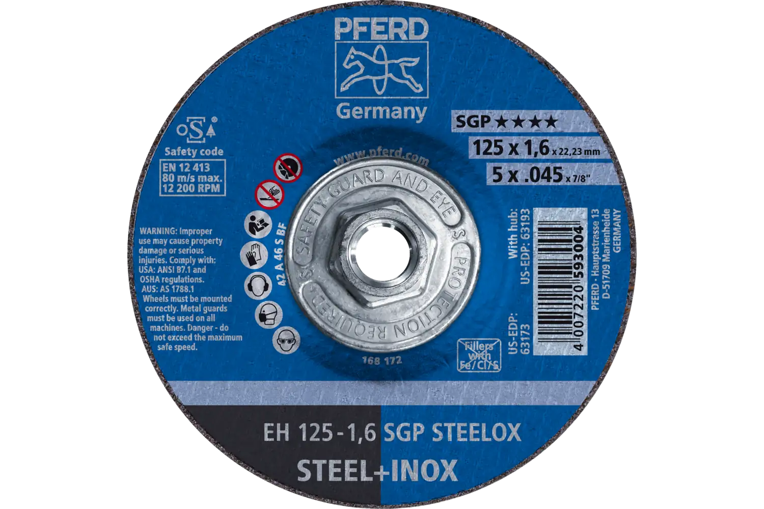 Cut-Off Wheel, 5″ x .045 x 5/8-11, SGP STEELOX, T27, Aluminum oxide: EH 125-1,6 SGP STEELOX/H TMNA