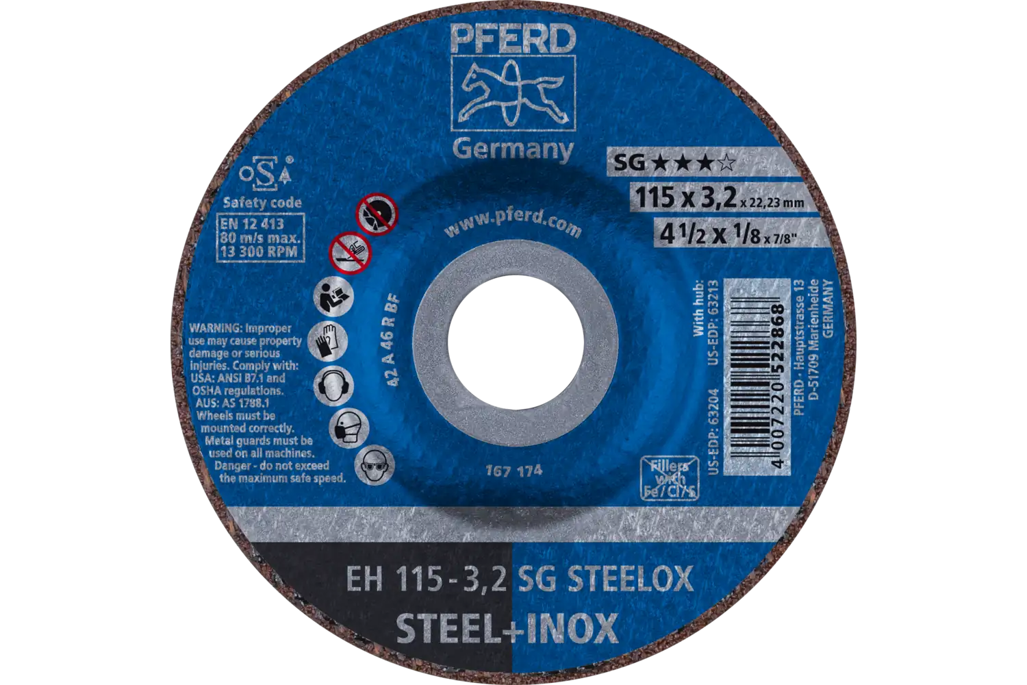 PFERD Cut-Off Wheel, 4-1/2″ x 1/8 x 7/8, SG STEELOX, T27, Aluminum oxide: EH 115-3,2 SG STEELOX