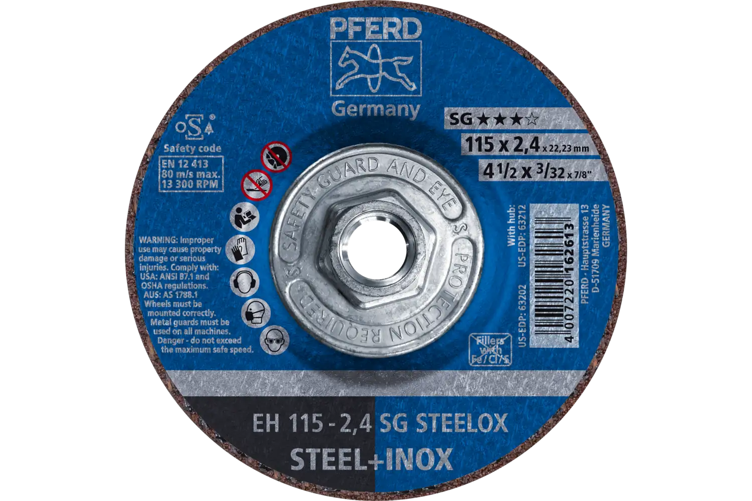 PFERD Cut-Off Wheel, 4-1/2″ x 3/32 x 5/8-11, SG STEELOX, T27, Aluminum oxide: EH 115-2,4 SG STEELOX/H TMNA