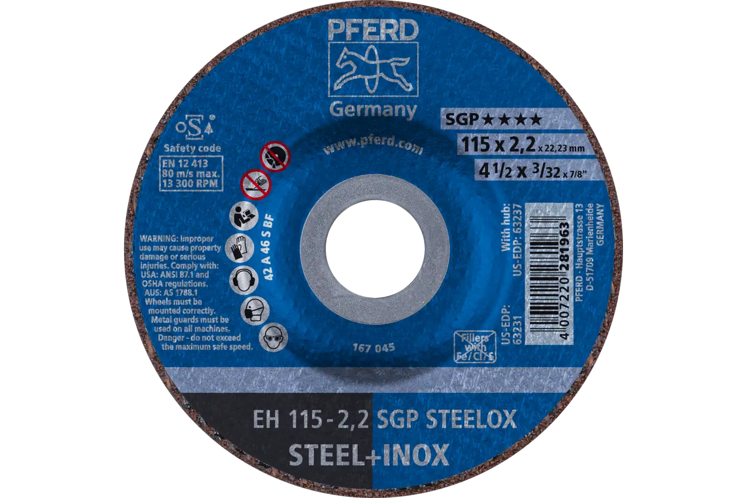 PFERD Cut-Off Wheel, 4-1/2″ x 3/32 x 7/8, SGP STEELOX, T27, Aluminum oxide: EH 115-2,2 SGP STEELOX TMNA