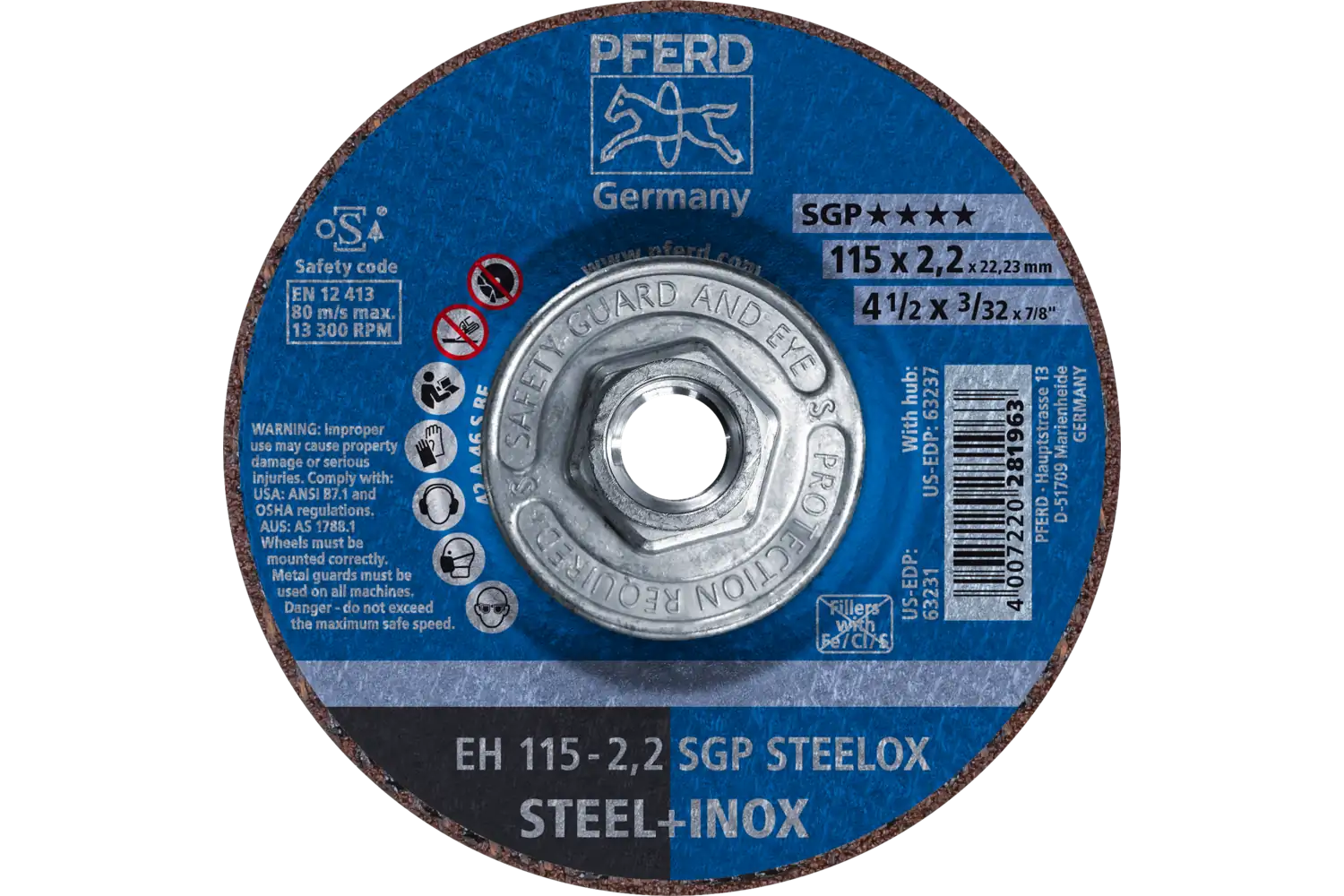 PFERD Cut-Off Wheel, 4-1/2″ x 3/32 x 5/8-11, SGP STEELOX, T27, Aluminum oxide: EH 115-2,2 SGP STEELOX/H TMNA