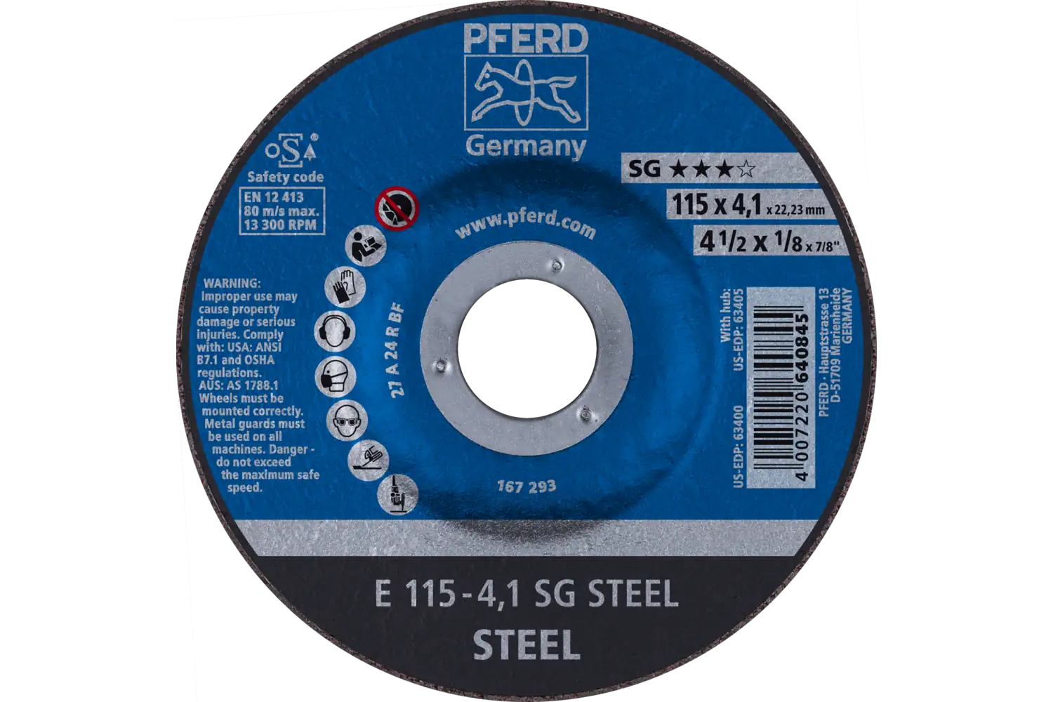 Grinding Wheel, 4-1/2″ x 1/8 x 7/8, SG STEEL, T27, Aluminum oxide: E 115-4,1 SG STEEL