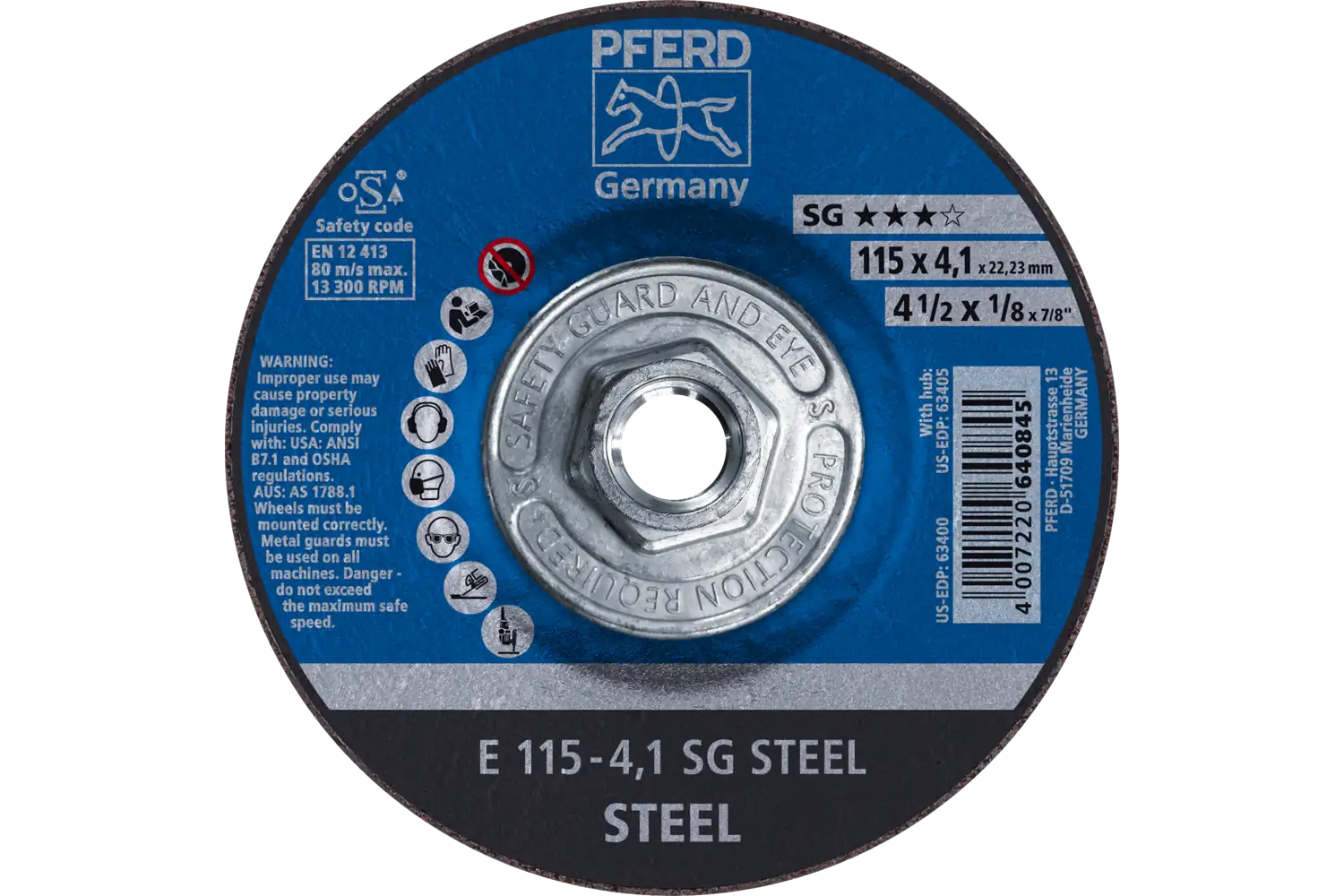 Grinding Wheel, 4-1/2" x 1/8 x 5/8-11, SG STEEL, T27, Aluminum oxide: E 115-4,1 SG STEEL/H TMNA