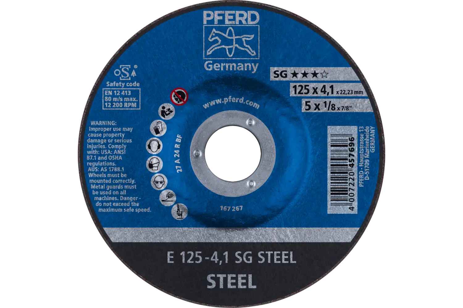 Grinding Wheel, 5″ x 1/8 x 7/8, SG STEEL, T27, Aluminum oxide: E 125-4,1 SG STEEL TMNA