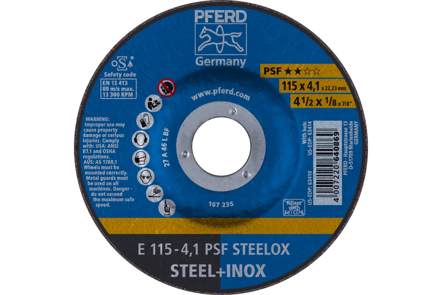 Grinding Wheel, 4-1/2″ x 1/8 x 7/8, PSF STEELOX, T27, Aluminum oxide: E 115-4,1 PSF STEELOX